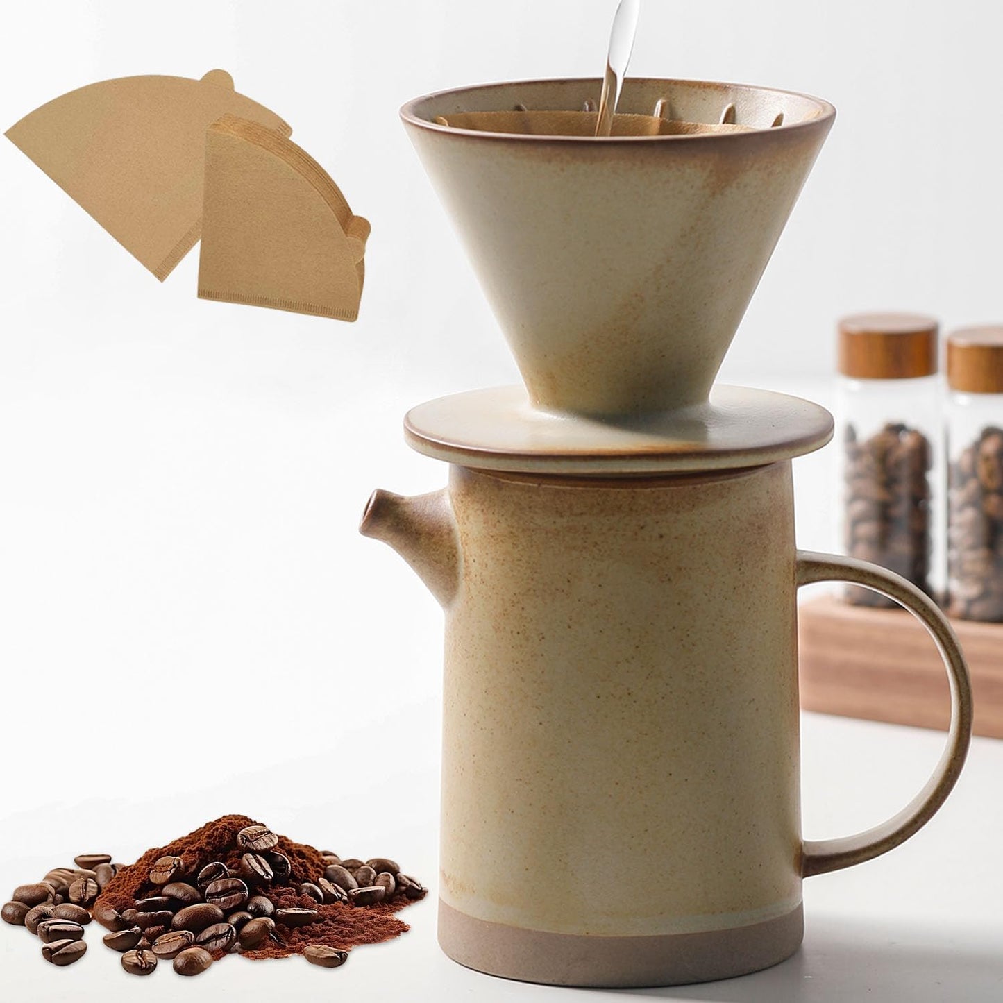 Pour Over Coffee Maker Set Vintage Ceramic Pour Over V60 Coffee Dripper Set with 20 Count Paper Coffee Filters,for Home Café Restaurant Camping,15.8 Ounces(Yellow)