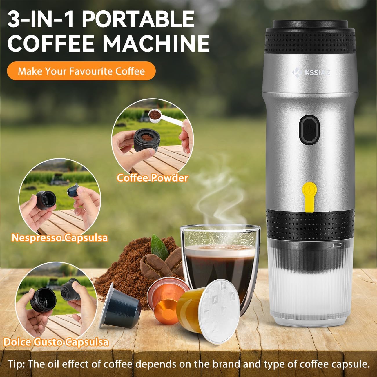 Portable Espresso Machines, Electric Espresso Maker with Self-Heating, USB-C & Car Charger, 20 Bar Mini Coffee Maker With NS Capsule & Ground Coffee for Camping, Hiking, Travel, Office, Silver