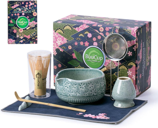 Matcha Whisk Set, Ceramic Matcha Set Includes Matcha Bowl, Matcha Whisk and Holder, Bamboo Scoop, Scoop Rest, Sifter and Tea Towel - 7 Pcs Matcha Kit for Matcha Lovers (Blue)