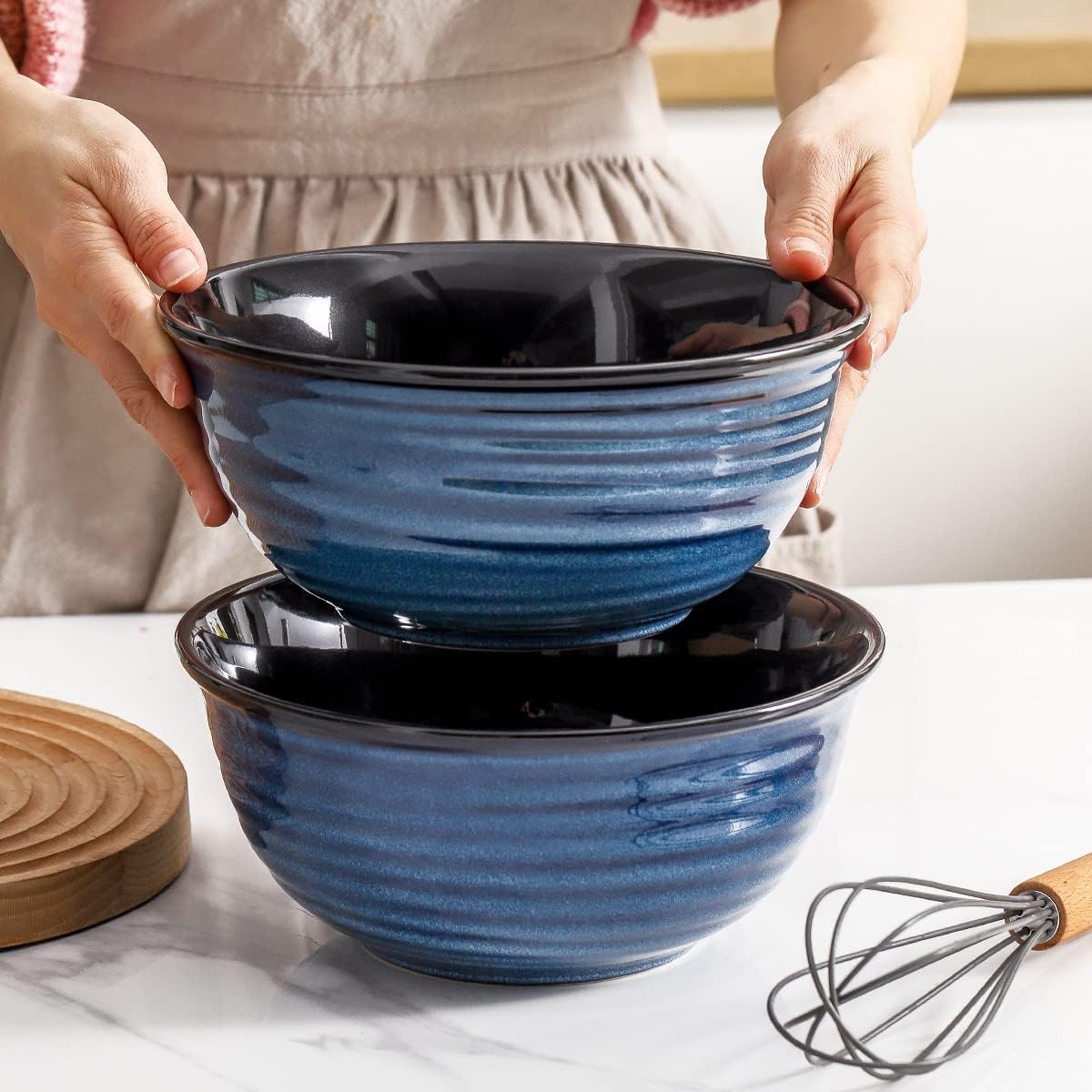 Hasense Ceramic Salad Bowls, 8.5 Inch Large Serving Bowls, 60 oz Serving Dishes for Entertaining Soup Pasta Ramen Pho Fruit Popcorn, Dishwasher and Microwave Safe, Set of 2, Navy Blue