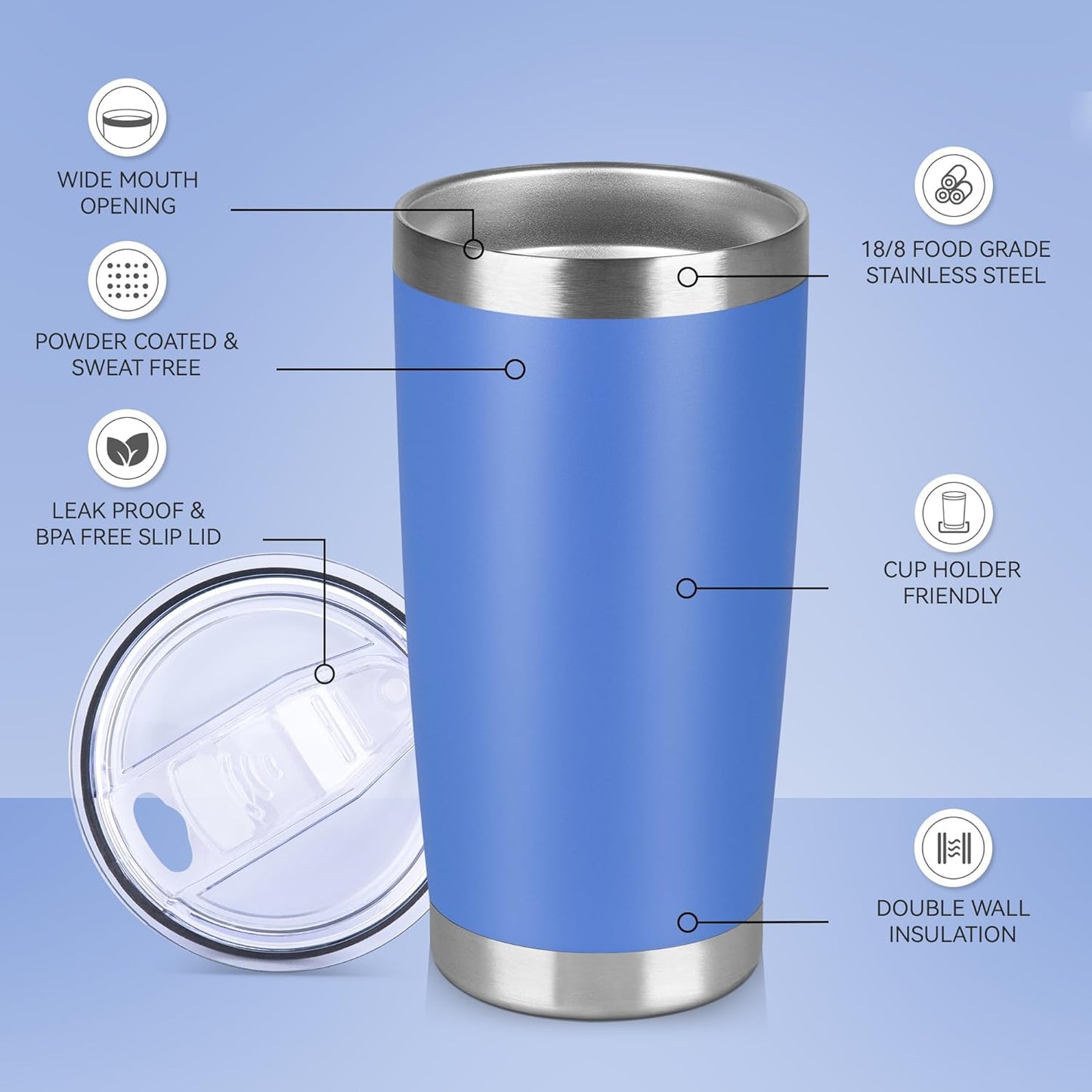 20 oz Tumbler Stainless Steel Tumblers Bulk with Lid Double Wall Insulated Coffee Tumbler Cups for Hot & Cold Drinks Powder Coated Travel Coffee Tumbler Mug Metal (Azure, 6 pack)