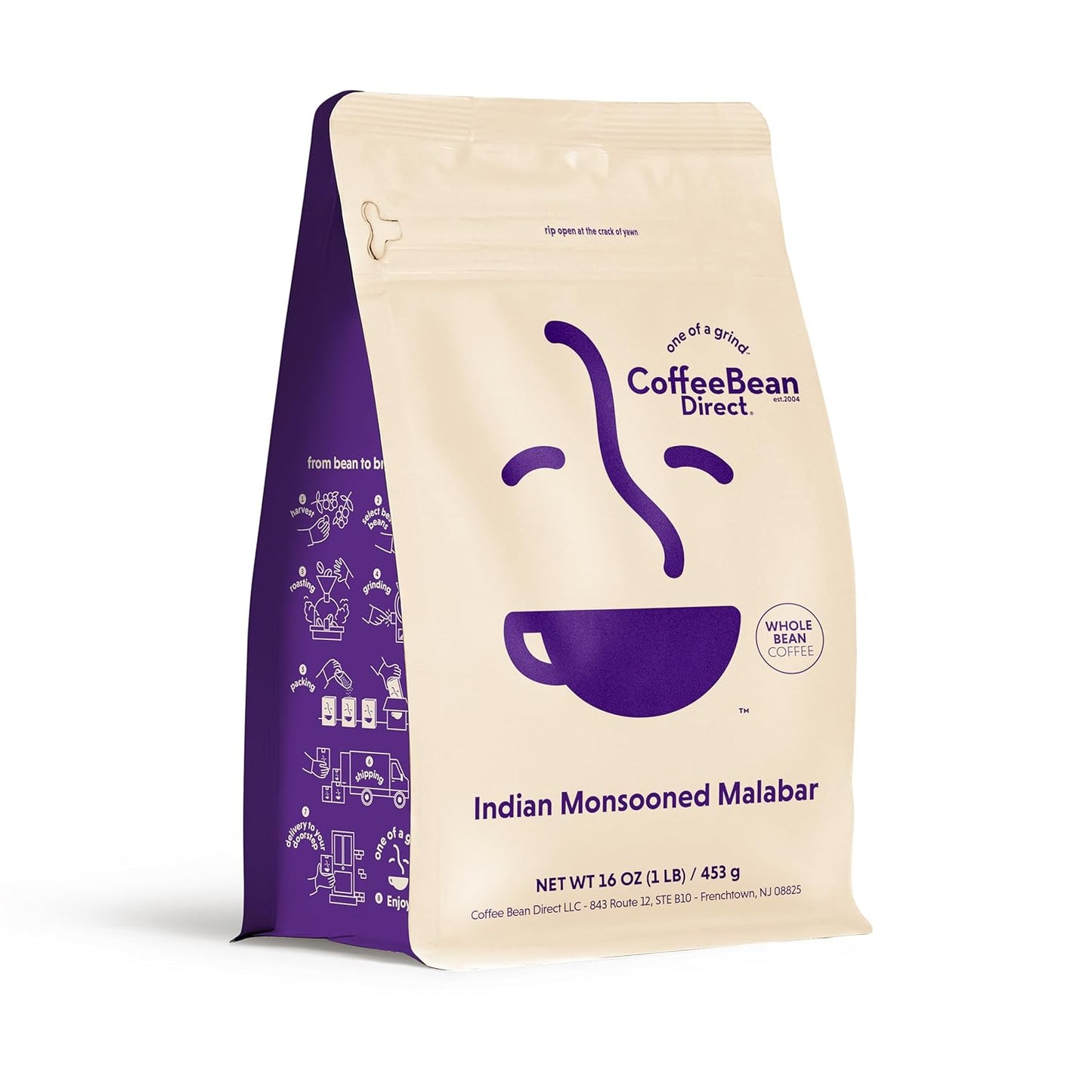 Coffee Bean Direct Indian Monsooned Malabar, Whole Bean Coffee, Light Roast, 1 Pound Bag (Pack of 1)