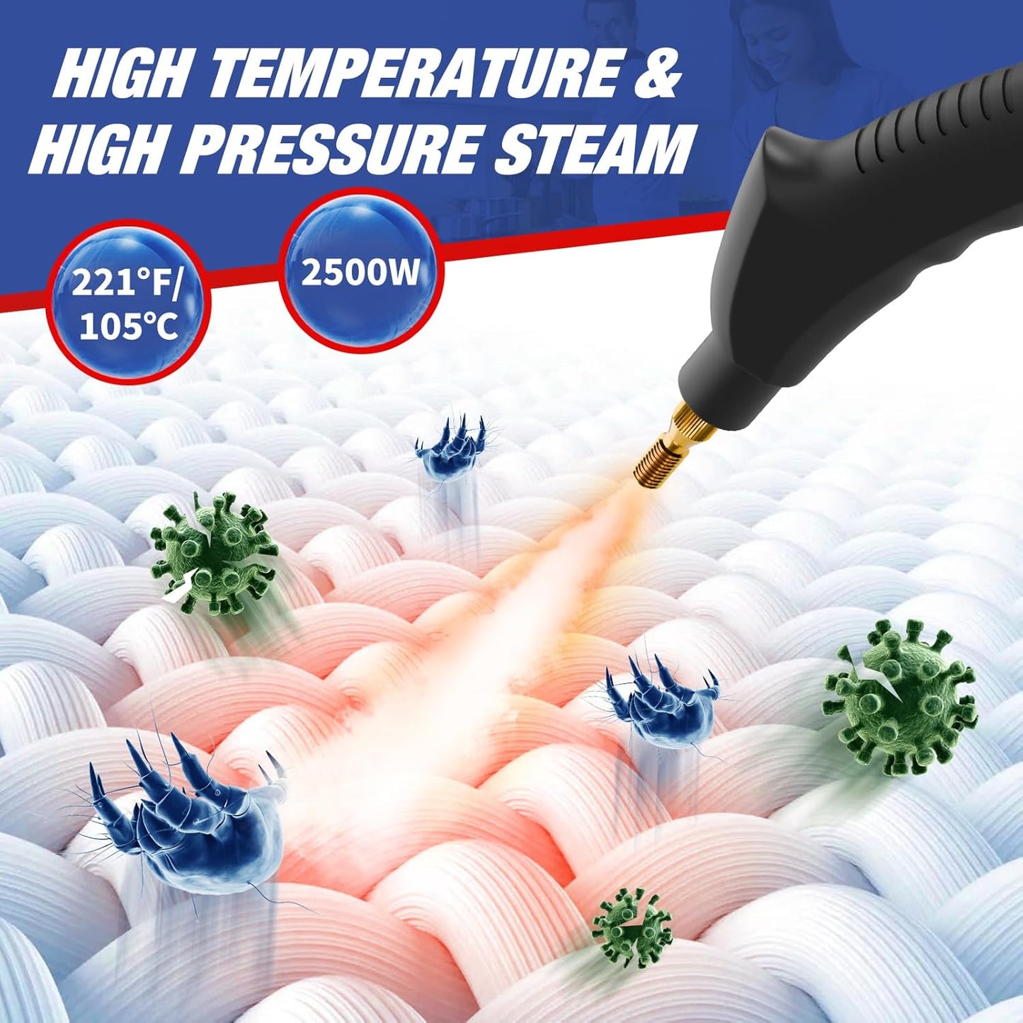 TOTTE Handheld Pressurized Steam Cleaner, 2500W Pressure Portable Cleaner with 3 Brush, 6-gears adjustable for Home Use, Floor, Kitchen,Bathroom, Car (Red)