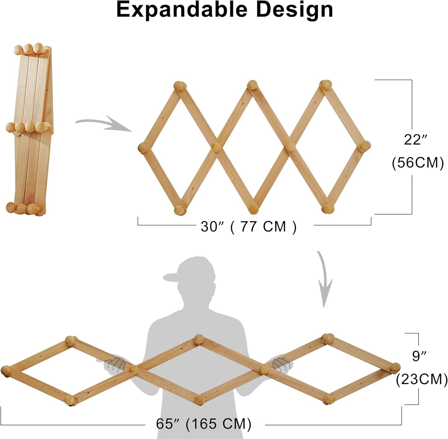 Dseap Expandable Coat Rack (Larger Version) - 24” High, Anti-Slip, Ultra Heavy Duty Wooden Accordian Wall Hanger with 10 Study Peg Hooks for Clothing Hats Jackets Bags, Natural