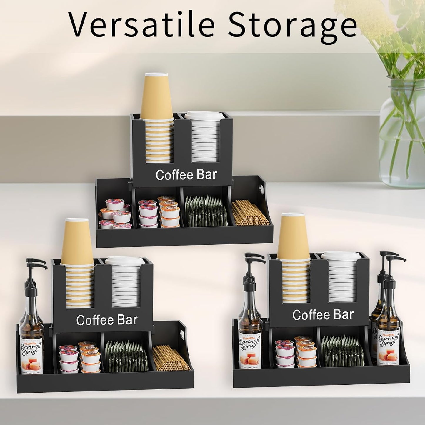 Coffee Station Organizer, Wooden Coffee Bar Organizer for Countertop, Condiment and Cup Storage Organizer, Bar Accessories for Kitchen, Office, Home, Black
