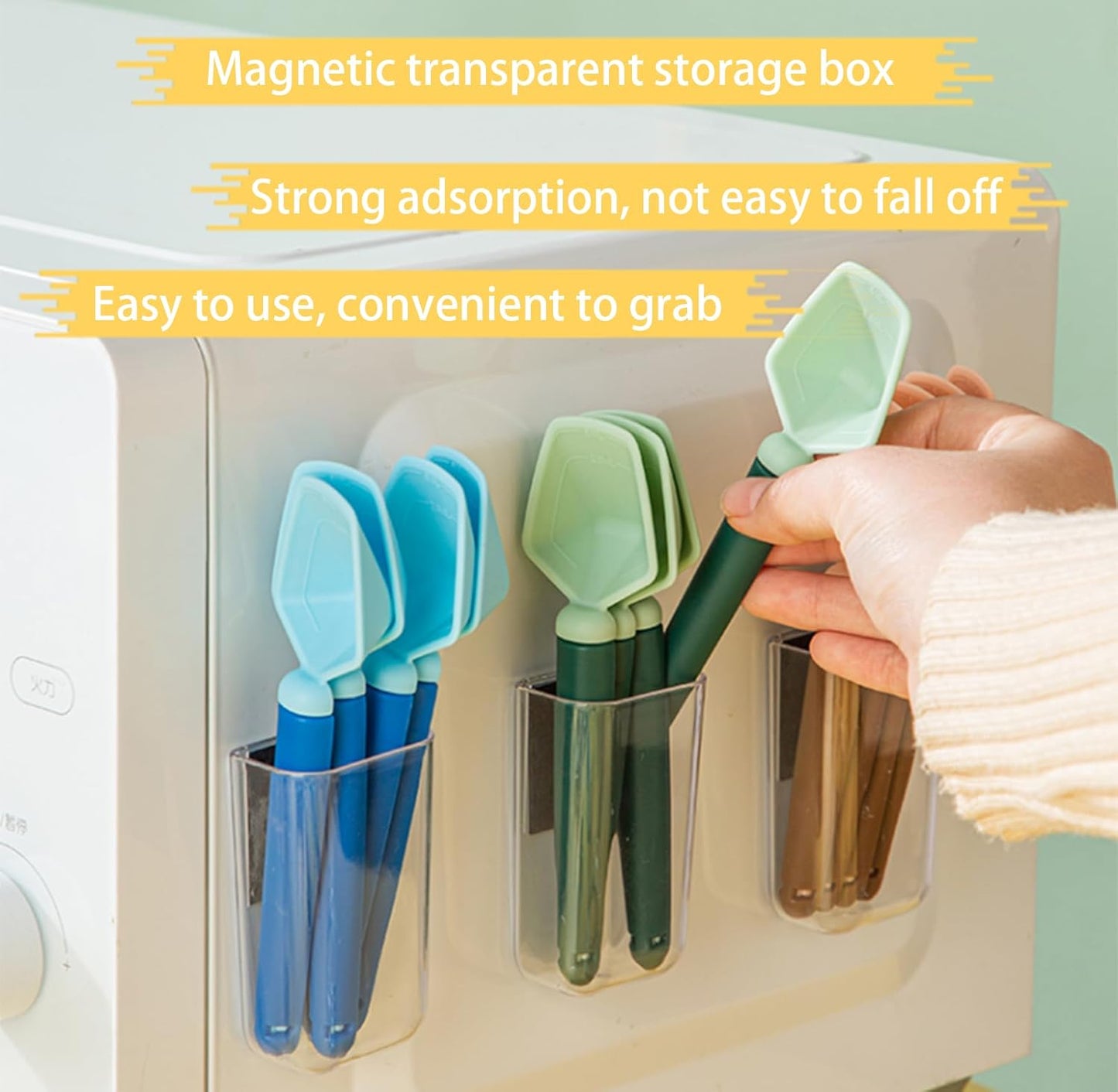 2 SET of 8 PCS Multi-functional sealing clip with measuring spoon Magnetic Coffee Measuring Spoon Sealing Clips with Wall Container Mount, PP materia, Deep Bowl Design (White)