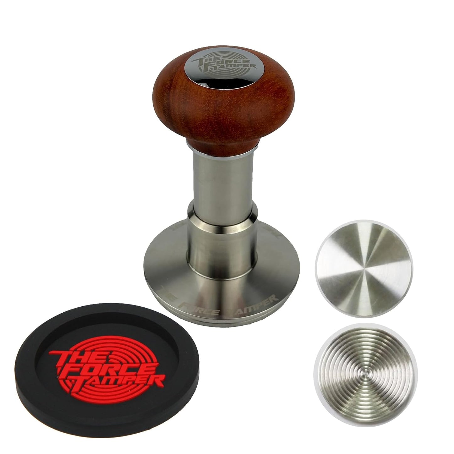 The Force Tamper Automatic Impact Adjustable Constant Pressure and Autoleveling Coffee Tamper Reddish Brown Jellyfish Wooden Handle Set Pro (Extend Set, 53.00mm)