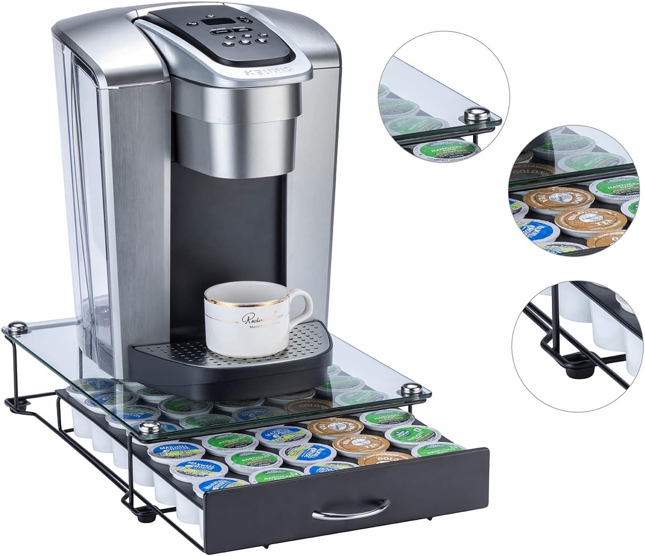ZCDCP K Cup Holder Drawer, Coffee Pod Holder for K Cup Orgainzer with Termpered Glass Top, Keurig Coffee Pods Holder Capsule with 35 Pods, Black