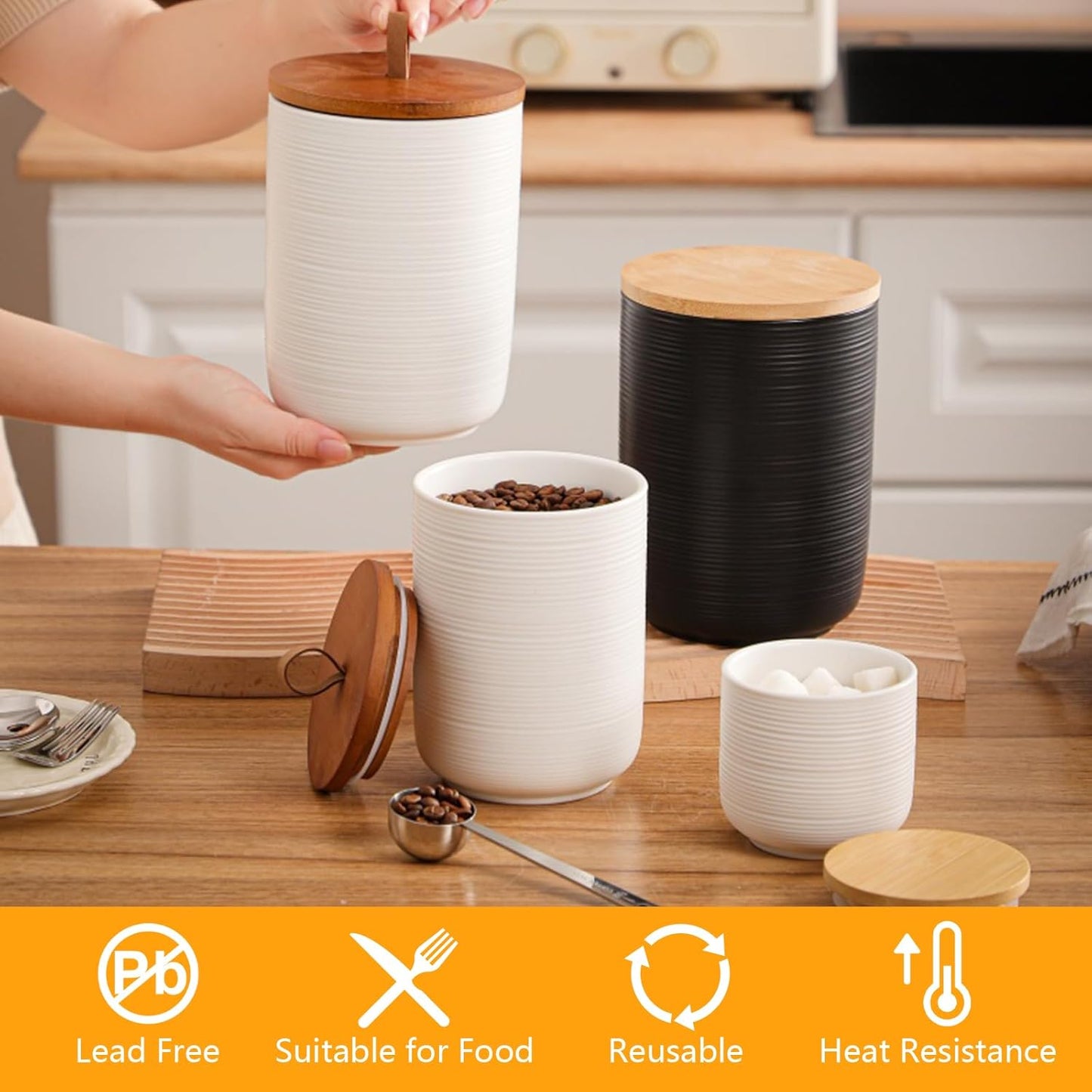 Food Storage Jar Strong Ceramic Storage Canisters with Airtight Wooden Lid,Kitchen Storage Containers for Serving Coffee Beans, Tea, Sugar, Salt, Spices (Medium white)