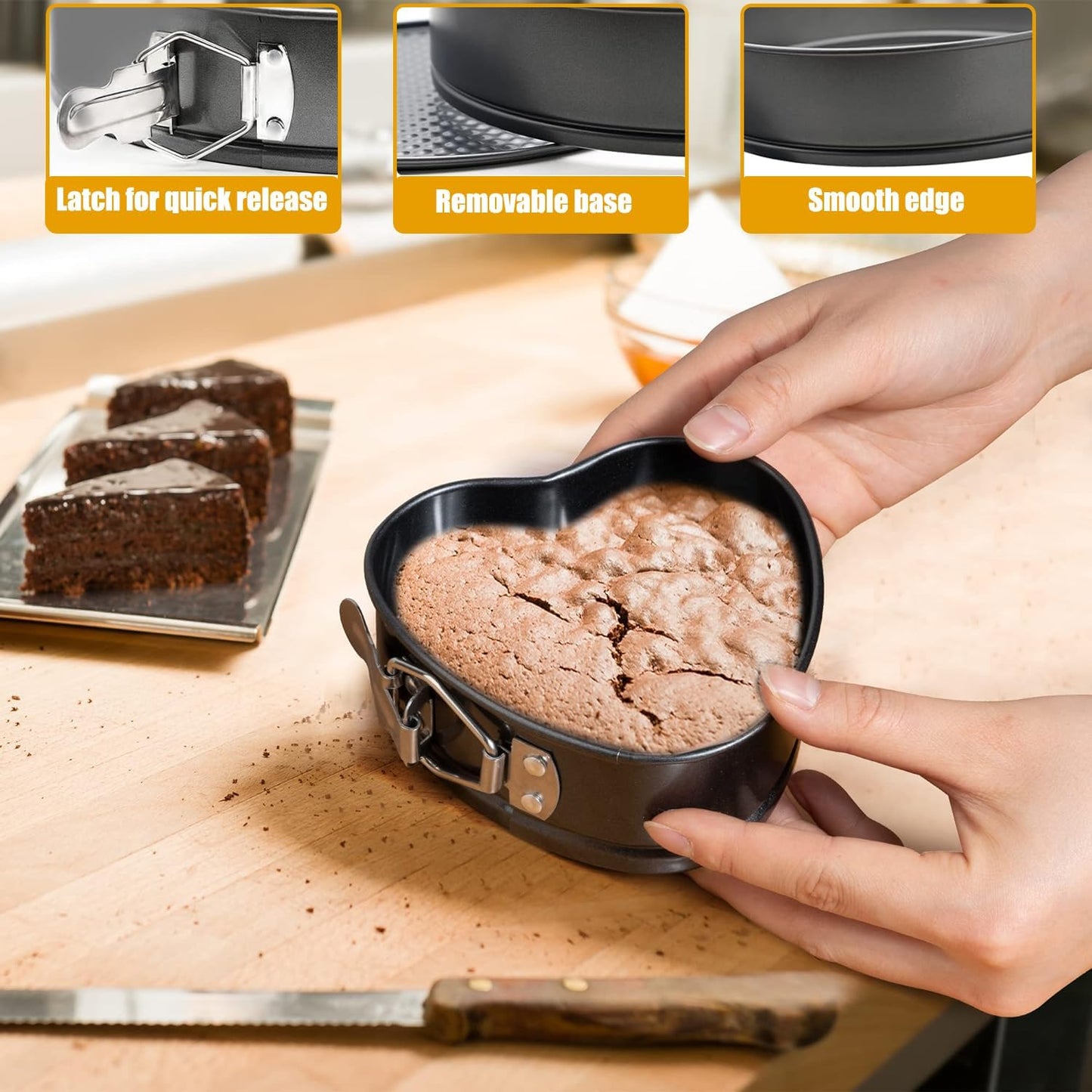 Springform Cake Pan Set of 3 (4, 7, 9 Inch) Heart Leakproof Nonstick Cheesecake Pans with Removable Bottom Carbon Steel Bakeware