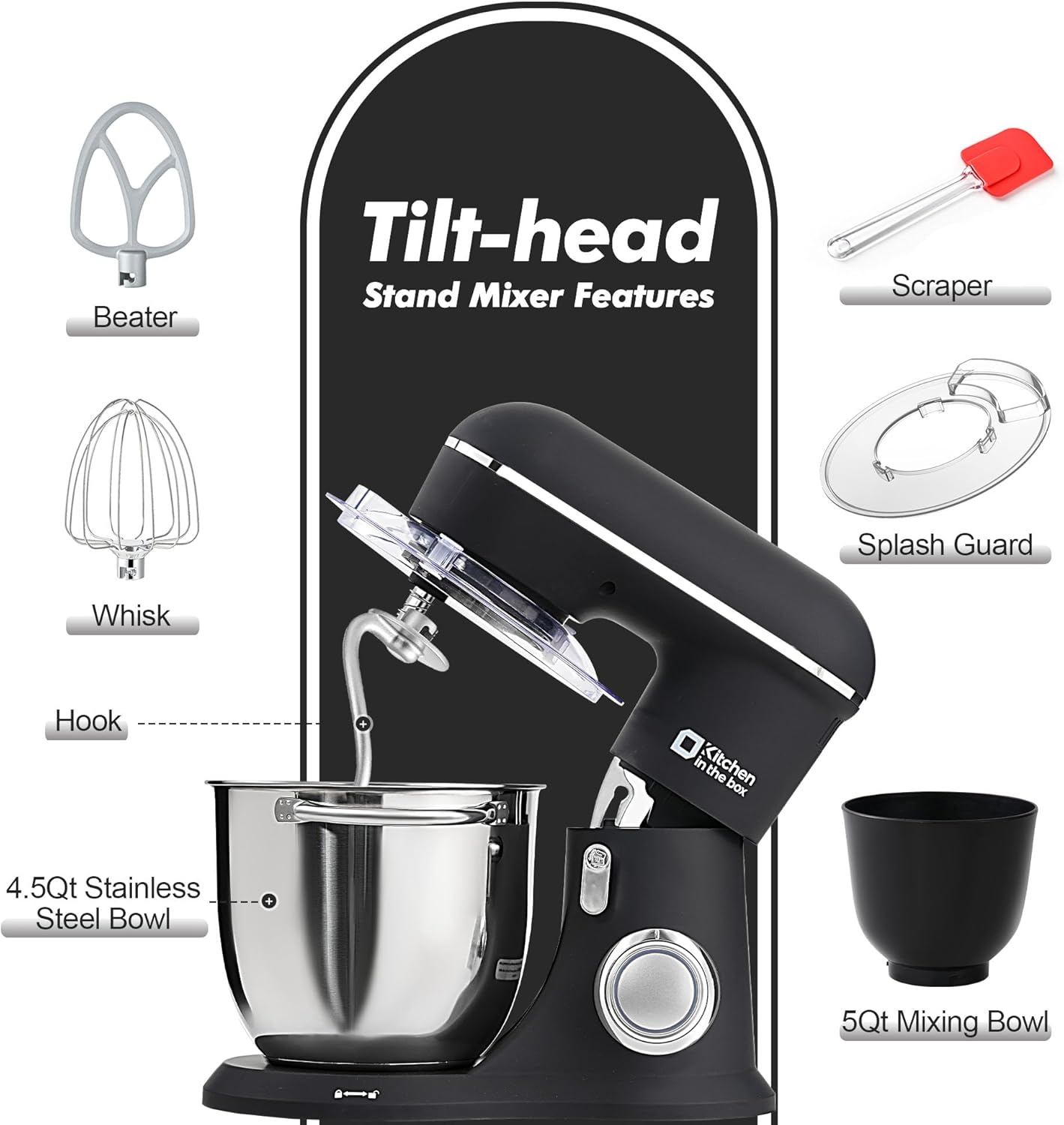 Kitchen in the box Stand Mixer, 4.5QT+5QT Two bowls Electric Food Mixer, 10 Speeds 3-IN-1 Kitchen Mixer for Daily Use with Egg Whisk,Dough Hook,Flat Beater (Onyx Black, 5QT)