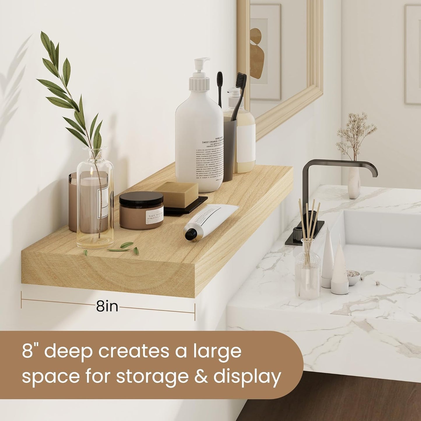 Fun Memories Rustic Floating Shelves for Home Decor, 8 Inch Deep Floating Shelf, Solid Wood Floating Wall Shelves 30 Inch Long, Deep Wall Shelves for Bathroom, Living Room, Natural Finsh, Set of 2