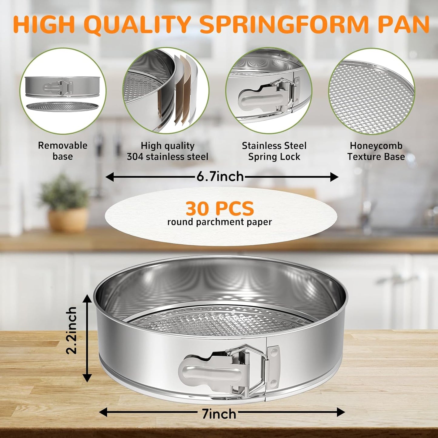 7 Inch 304 Stainless Steel Springform Pan with Removable Bottom, Nonstick Round Spring Form Cheesecake Pan with 30 Pcs Parchment Paper Liners