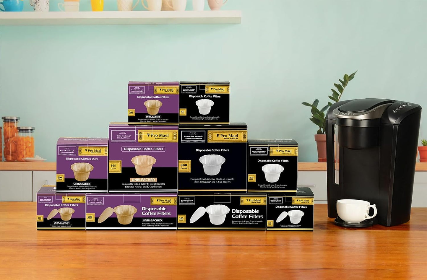 Pro Mael Disposable Coffee Filters Paper with Lid for Keurig Brewers Single Serve 1.0 and 2.0 Reusable K Cup Pods, Natural (200 Count)