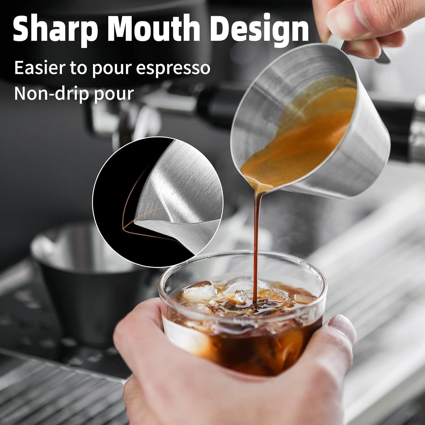 MHW-3BOMBER Espresso Shot Cups with Handle Espresso Measuring Cup Dishwasher Safe 4Pcs Stainless Steel Pouring Cup for Tomato Sauce|Steak Sauce|Dessert|Beverage (Matte Glossy) G7000-OS