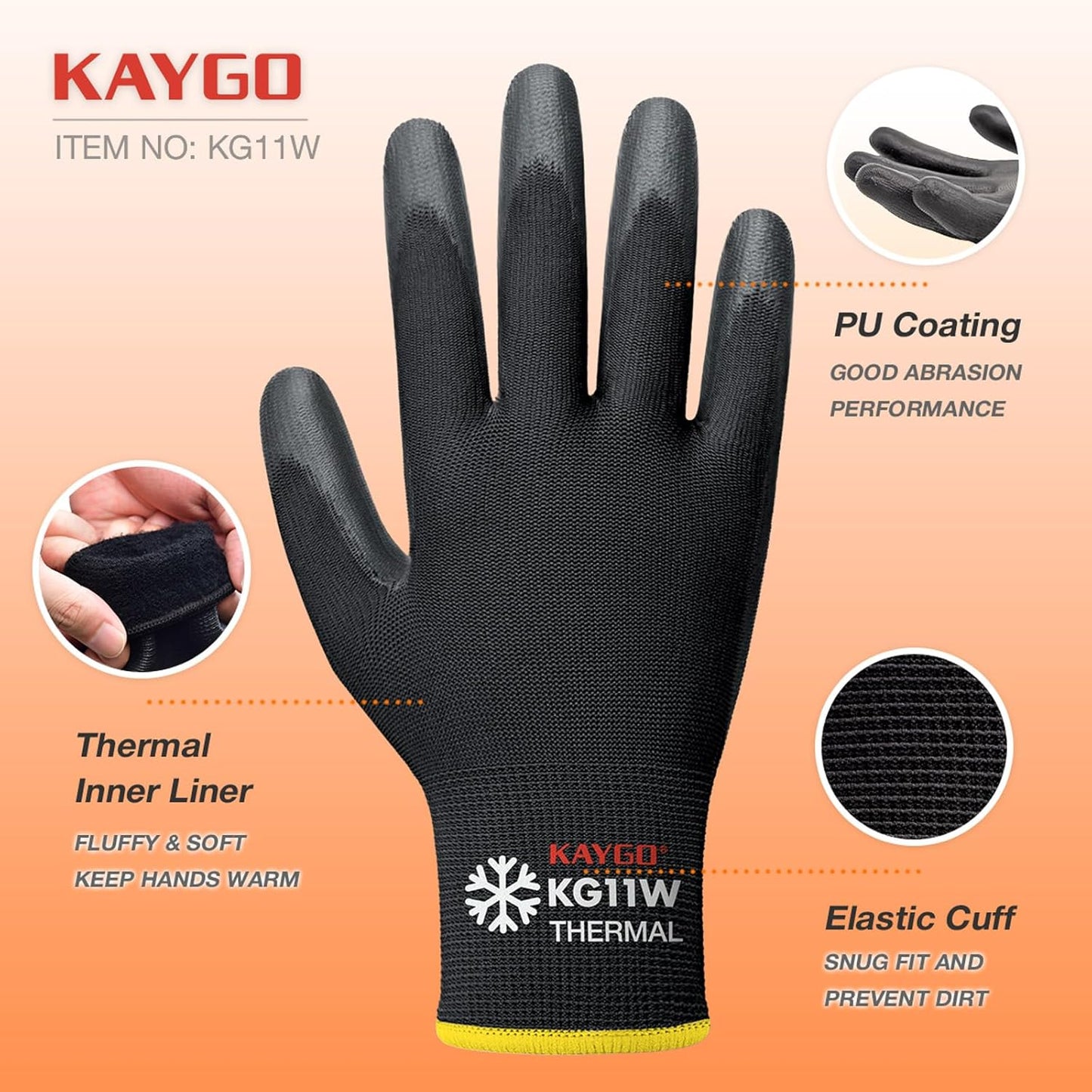KAYGO Winter Work Gloves for Men and Women, 12 Pairs Thermal Insulated Safety Work Gloves PU Coated, Smooth Grip on Palm & Fingers,Ideal for Freezer Work,Black,L