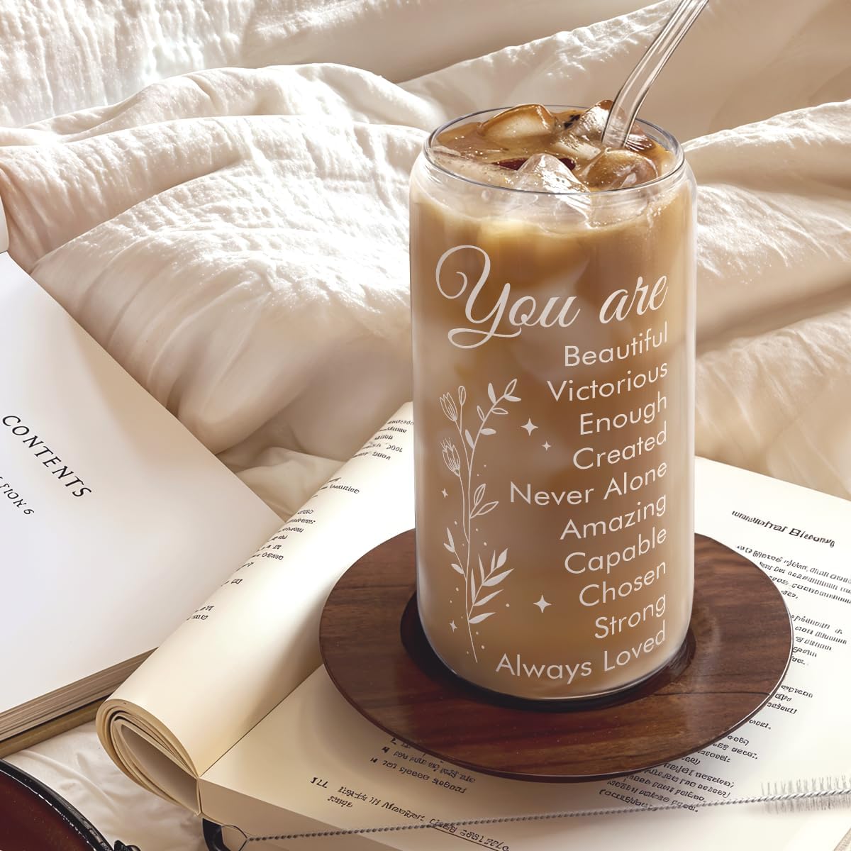 SANDJEST Inspiration Glass Can, Positive Motivational Cup with Lid & Straw, Iced Coffee Aesthetic Cups, Idea Gift for Christmas Birthday Mother Day, Gifts for Women, 16oz