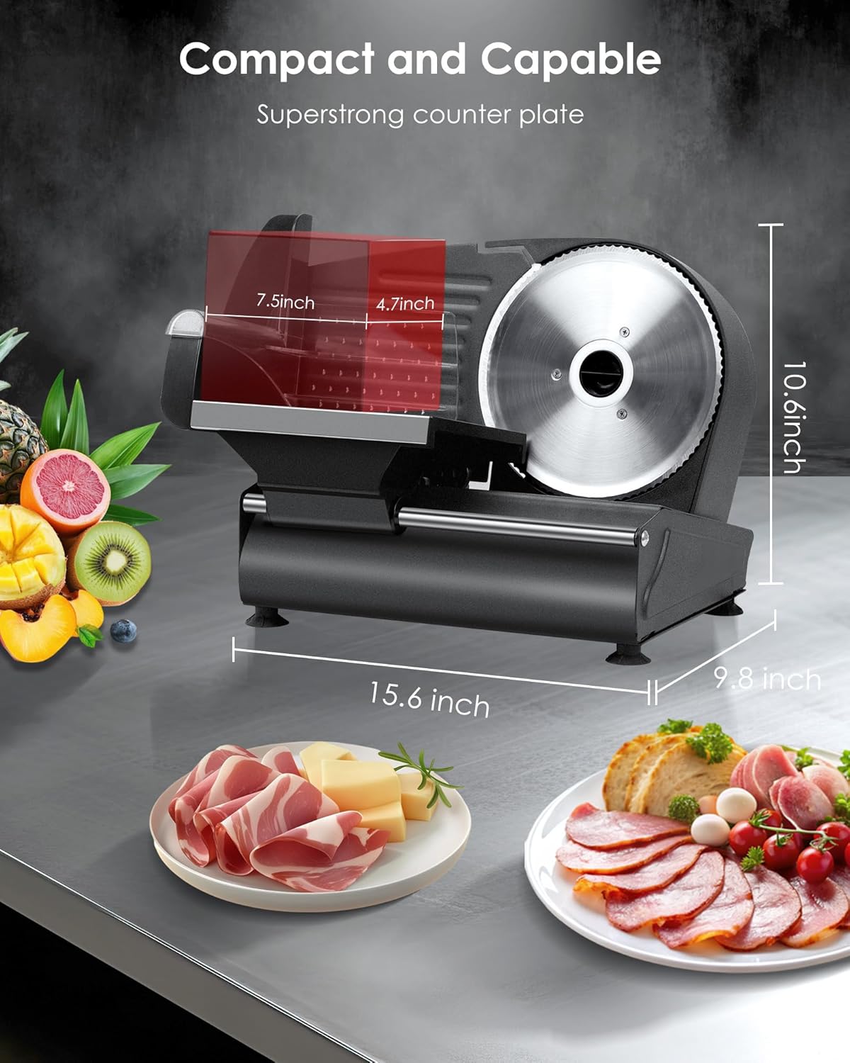 TOOGOOD 7.5" Electric Meat Slicer, with Stainless Steel Blade, Adjustable Thickness Food Slicer Machine for Home Use, Cuts Meat, Ham, Hard Cheese and Deli (Black)