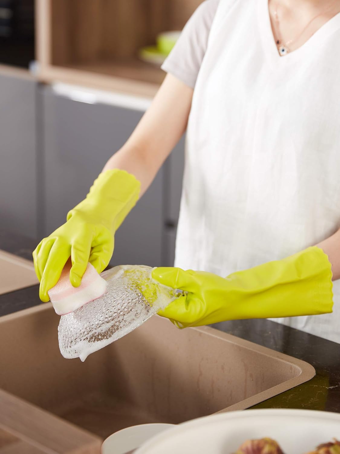LANON 3 Pairs wahoo Skin-Friendly Cleaning Gloves, Dishwashing Kitchen Gloves with Cotton Flocked Liner, Reusable, Non-Slip, Bud Tender, Large