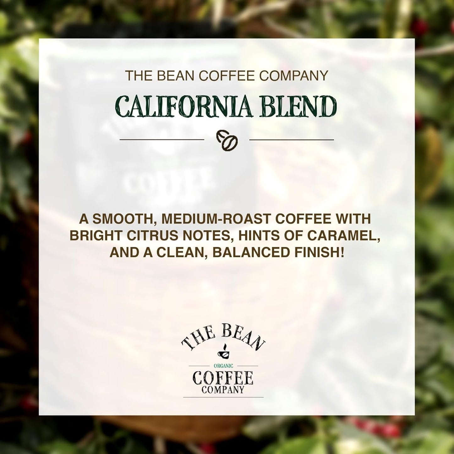 The Bean Organic Coffee Company California Blend, Medium Roast, Whole Bean Coffee, 16-Ounce Bag
