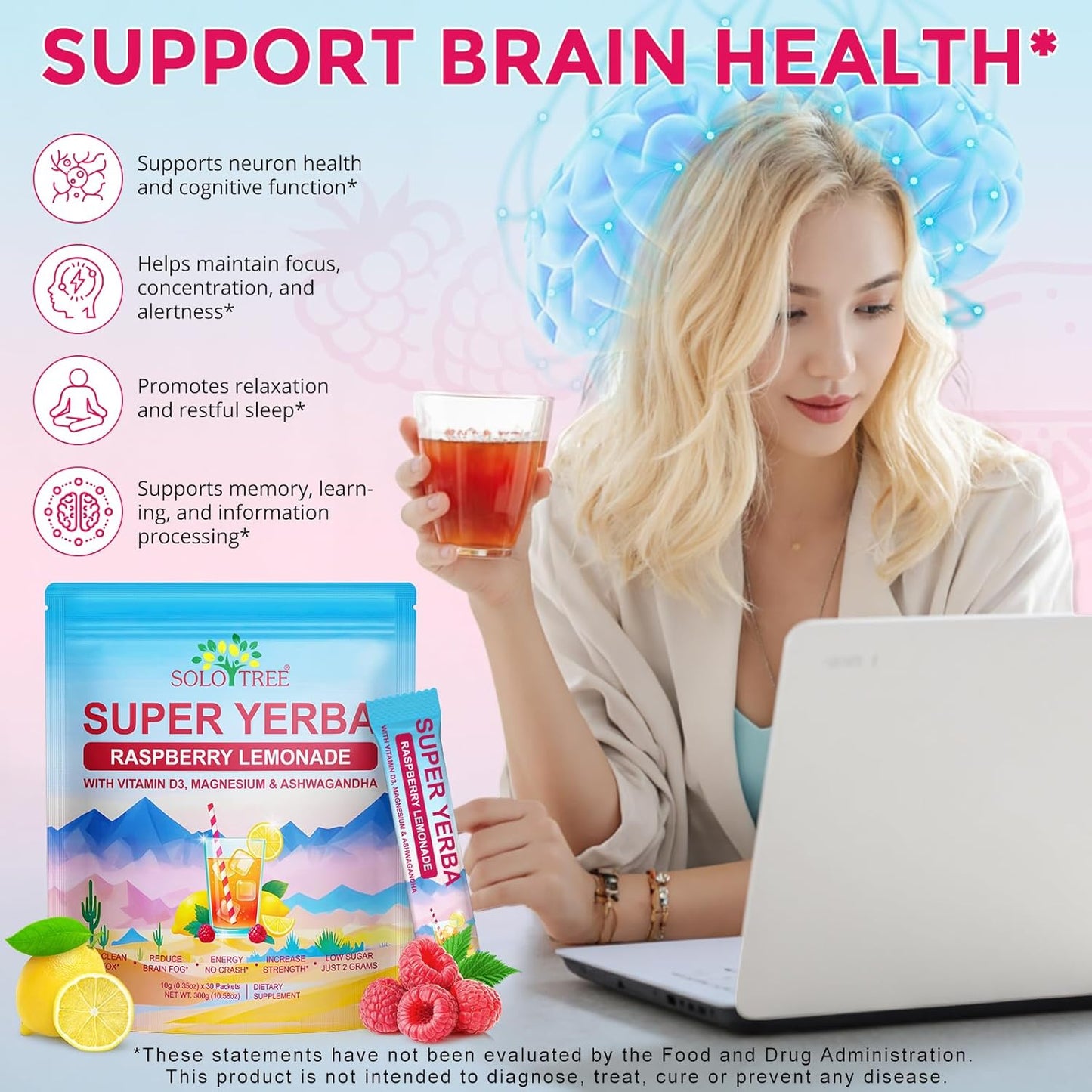 Yerba Mate Instant Tea Powder -Super Yerba Mate 30 Servings with Vitamin D3, Magnesium & Ashwagandha | Energy, Focus & Digestive Health | Low Sugar
