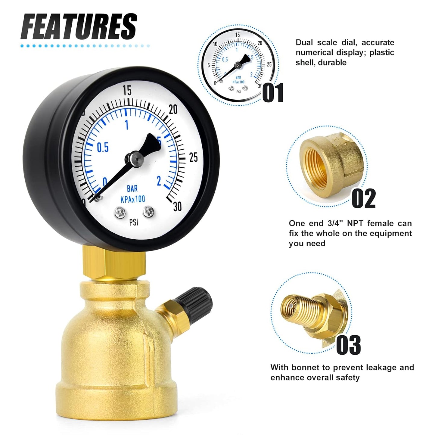 MEANLIN MEASURE 0-30Psi Forged Brass Air Test Pressure gauges, 3/4" FNPT Connection, 2" Double Graduated, Bell Shape Body Assembly, -3-2-3% Accuracy