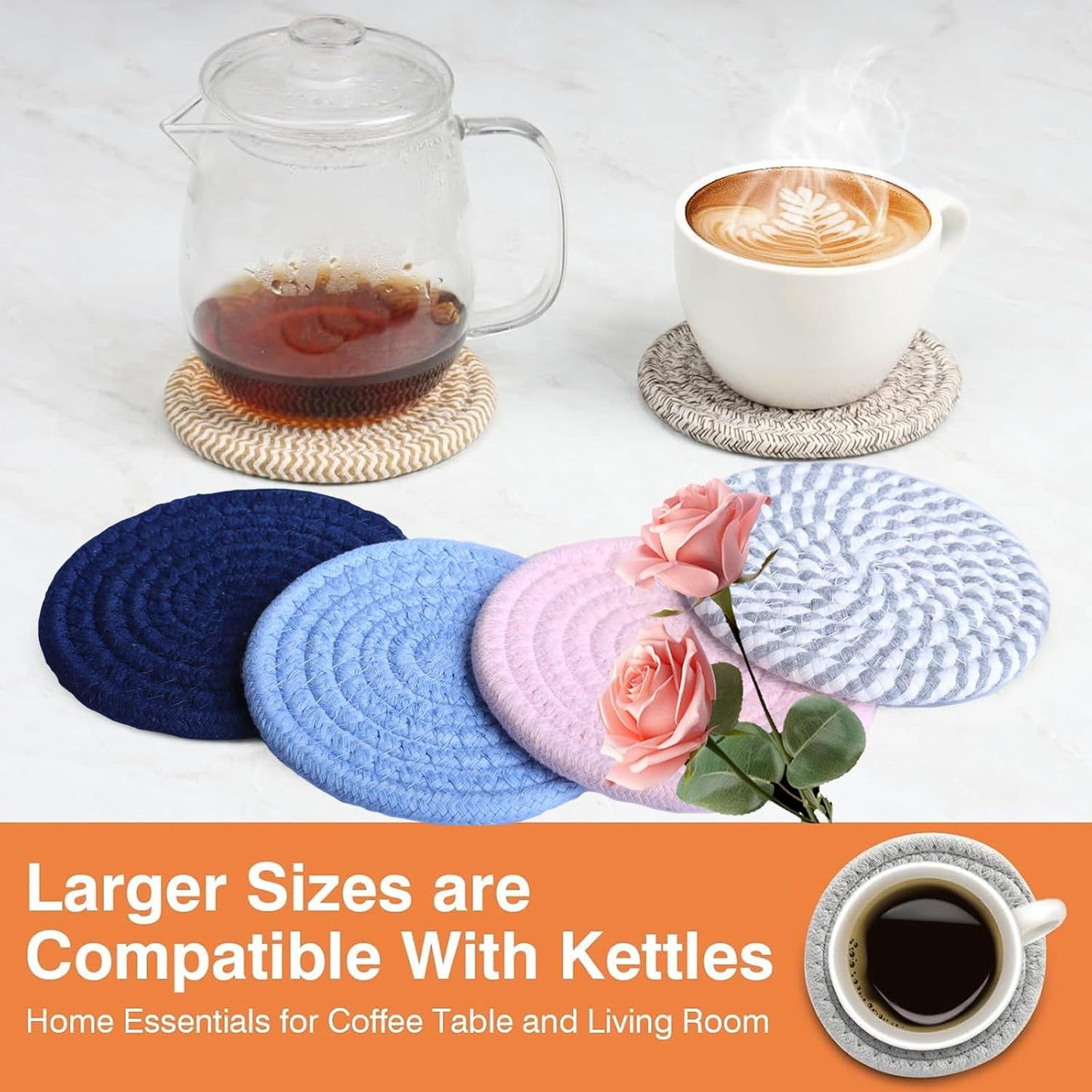 4.8" Drink Cotton Coasters Set of 2 – Large Absorbent Fabric Drink Pads for Coffee Mugs, Stylish Boho Cup Mats for Desk, Bedside Table, Plant Pots – Durable Minimalist Home Decor (Rich Blue, 2pack)