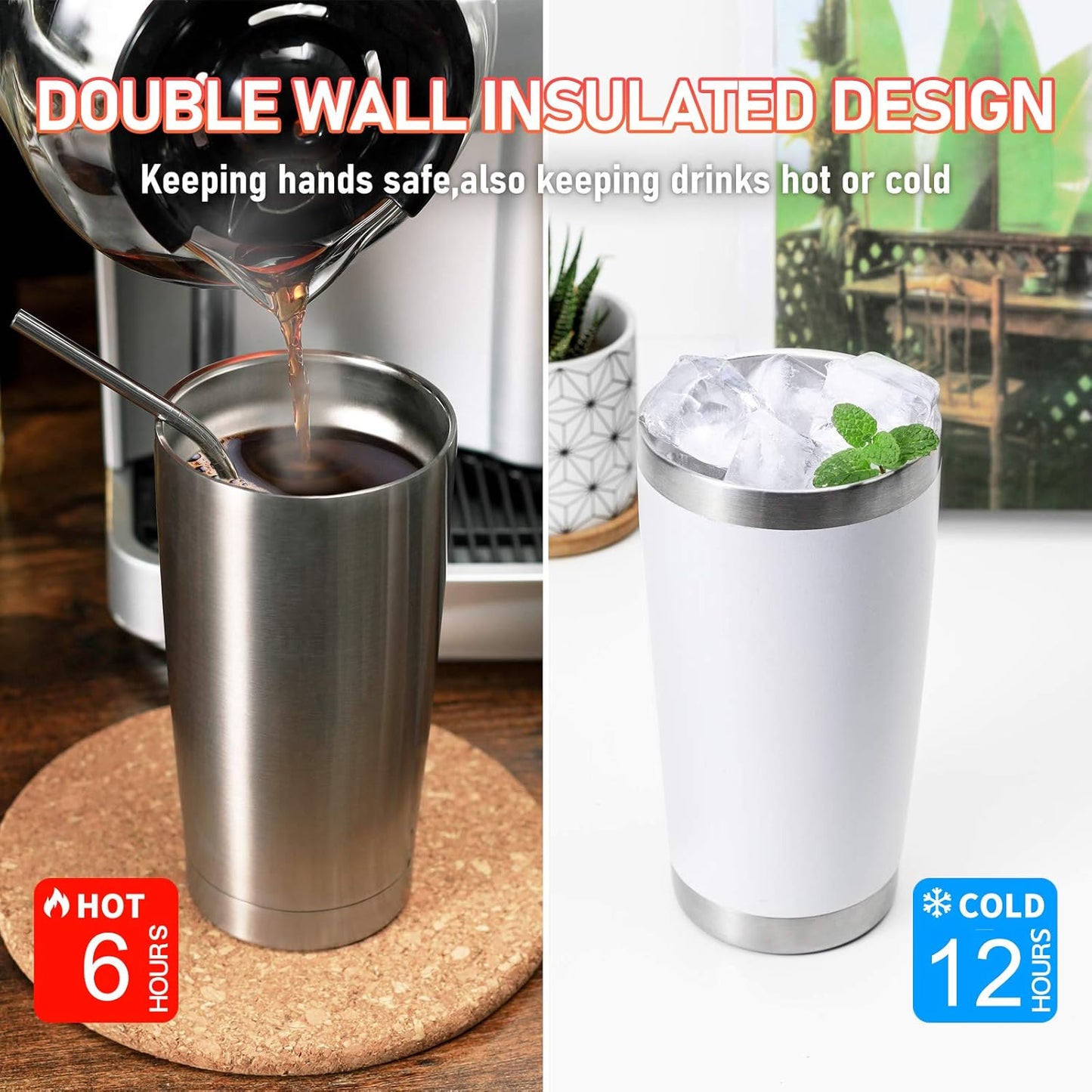 COMOOO 20oz Tumbler 8 Pack Double Wall Vacuum Insulated Travel Mug, Stainless Steel Tumbler with Lid and Straw Durable Powder Coated Insulated Coffee Cup for Cold & Hot Drinks,army green, 8 pack