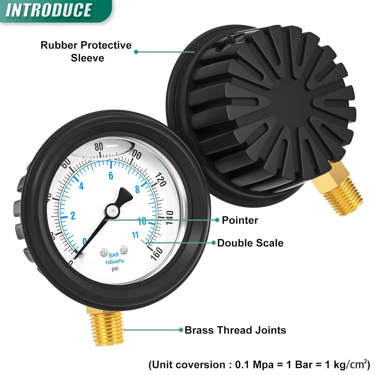0-160PSI Stainless Steel Liquid Filled Pressure Gauge, 2.5" Dial Size, 1/4" NPT Lower Mount, with Rubber Protective Sleeve, for Tube, Water Pump, Gas, Liquid, Pressure Test
