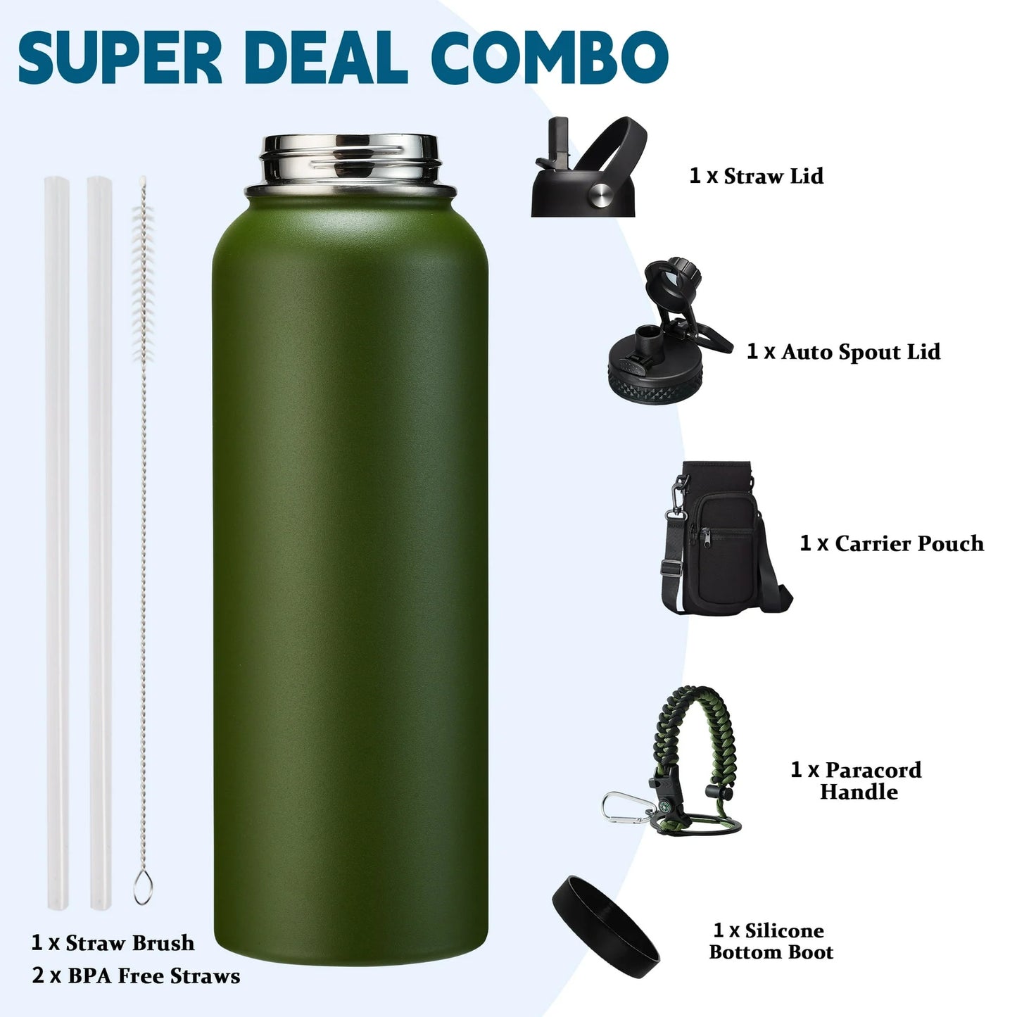 Pink 40 Oz Insulated Water Bottle with Straw Spout Lids, Stainless Steel Water Bottles Cold 48H, Wide Mouth Hydro Water Jug Metal Flask with Handle, Strap Carrier Bag for Women