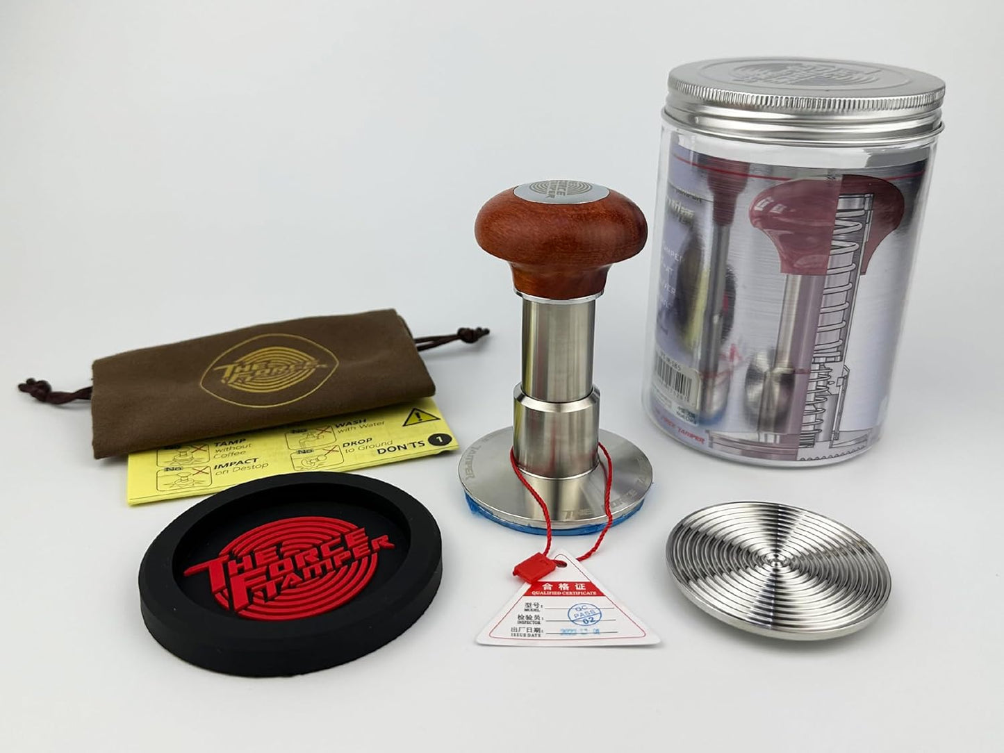 The Force Tamper Automatic Impact Adjustable Constant Pressure and Autoleveling Coffee Tamper Reddish Brown Jellyfish Wooden Handle Set Pro (Extend Set, 53.50mm)
