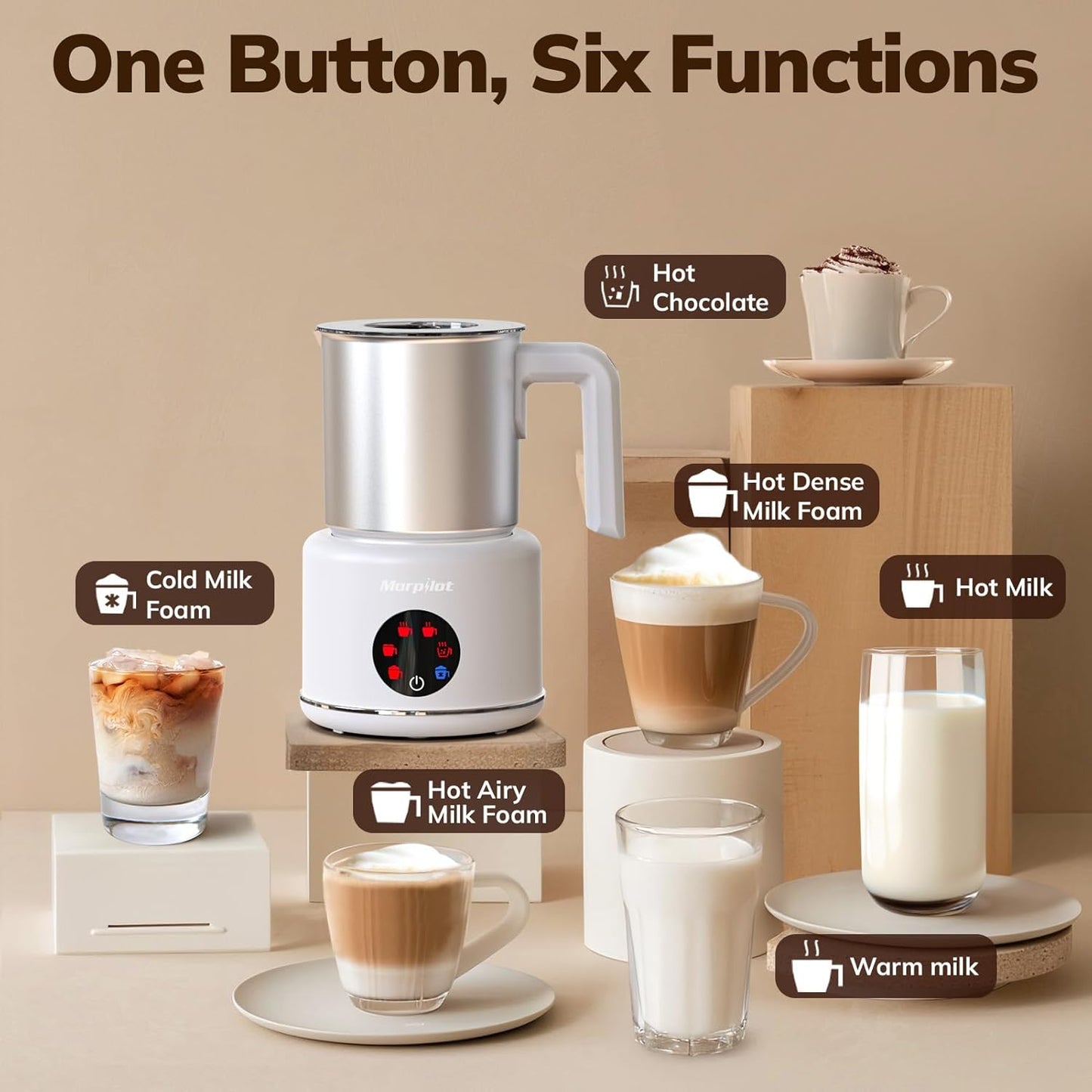 Large Electric Milk Frother and Steamer, 16.9oz/500ml Milk Steamer and Frother for Latte or Hot Chocolate, Dishwasher Safe, 6 Functions, Enjoy Perfect Milk Froth in 2 Min (White-Stainless Steel)