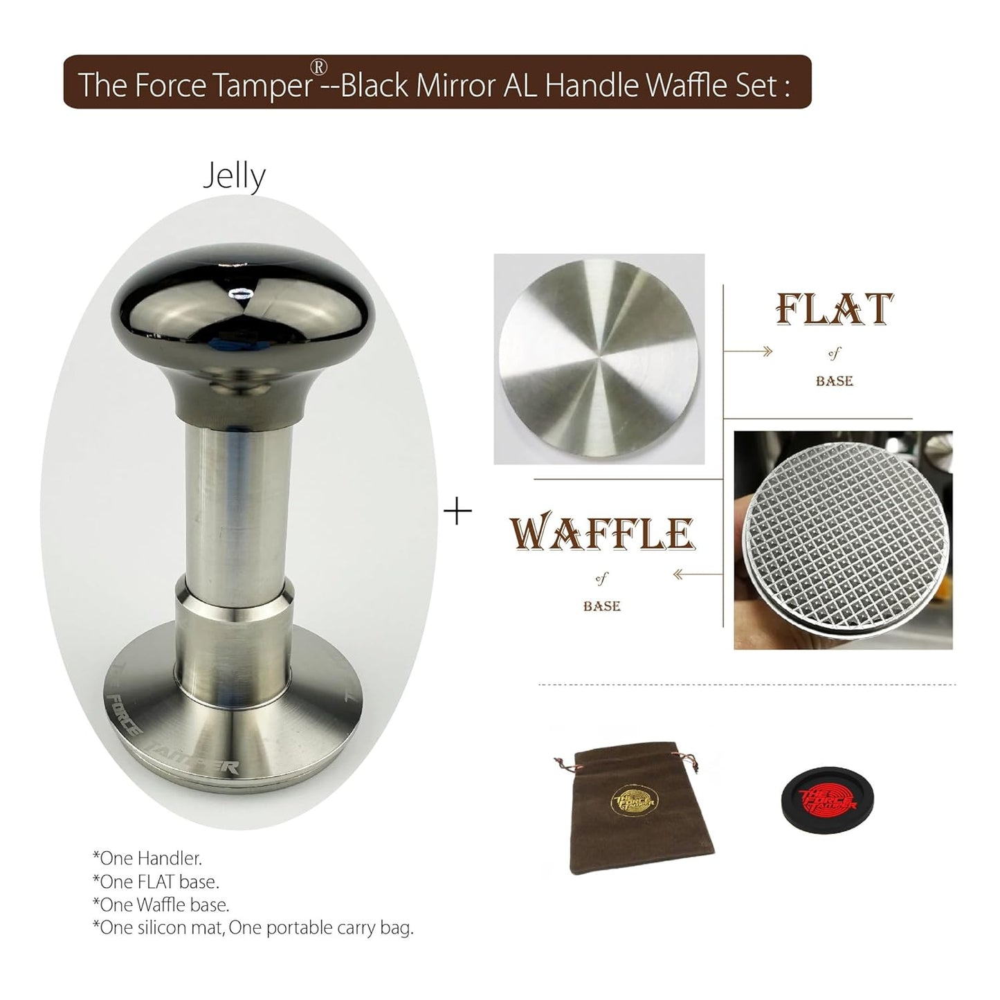 The Force Tamper Automatic Impact Adjustable Constant Pressure and Autoleveling Coffee Tamper Black Mirror Jellyfish AL Handle Set Pro (Waffle-Set, 58.35mm)