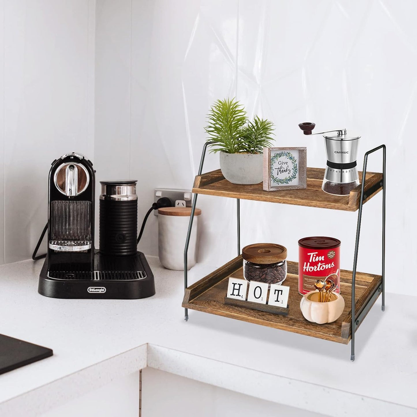 Yusepure Coffee Bar Accessories and Organizer Countertop, Coffee Station Organizer Kitchen Counter Shelf Organizer,Coffee Condiment Storage,Cup Lid Holder Countertop Shelf for Bathroom (Dark Brown)
