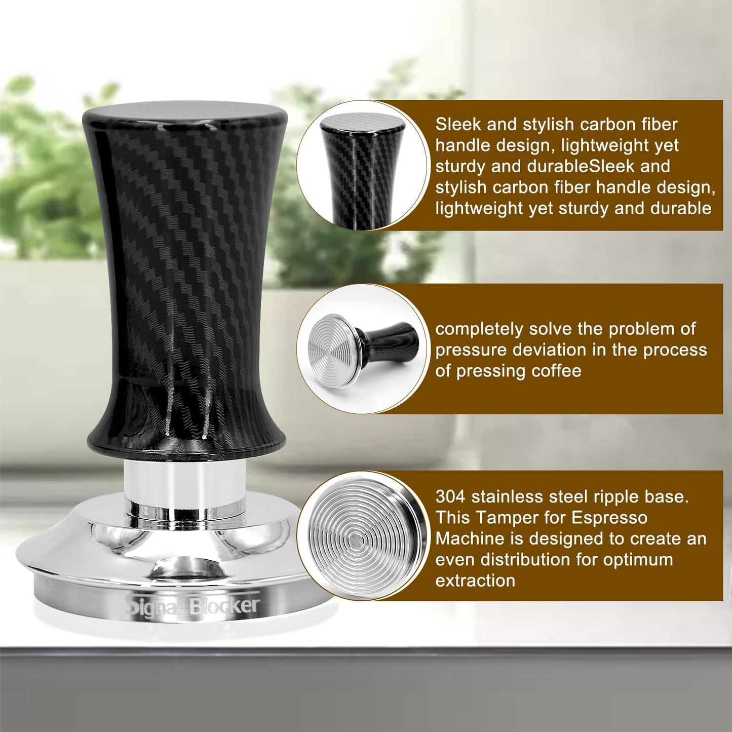 58mm Espresso Coffee Tamper for Espresso Machine: Calibrated Spring Loaded & Stainless Steel Ripple Base - Carbon Fiber Handle with Constant 30lb Fits All 58mm Portafilters | Bundle Including WDT Tool