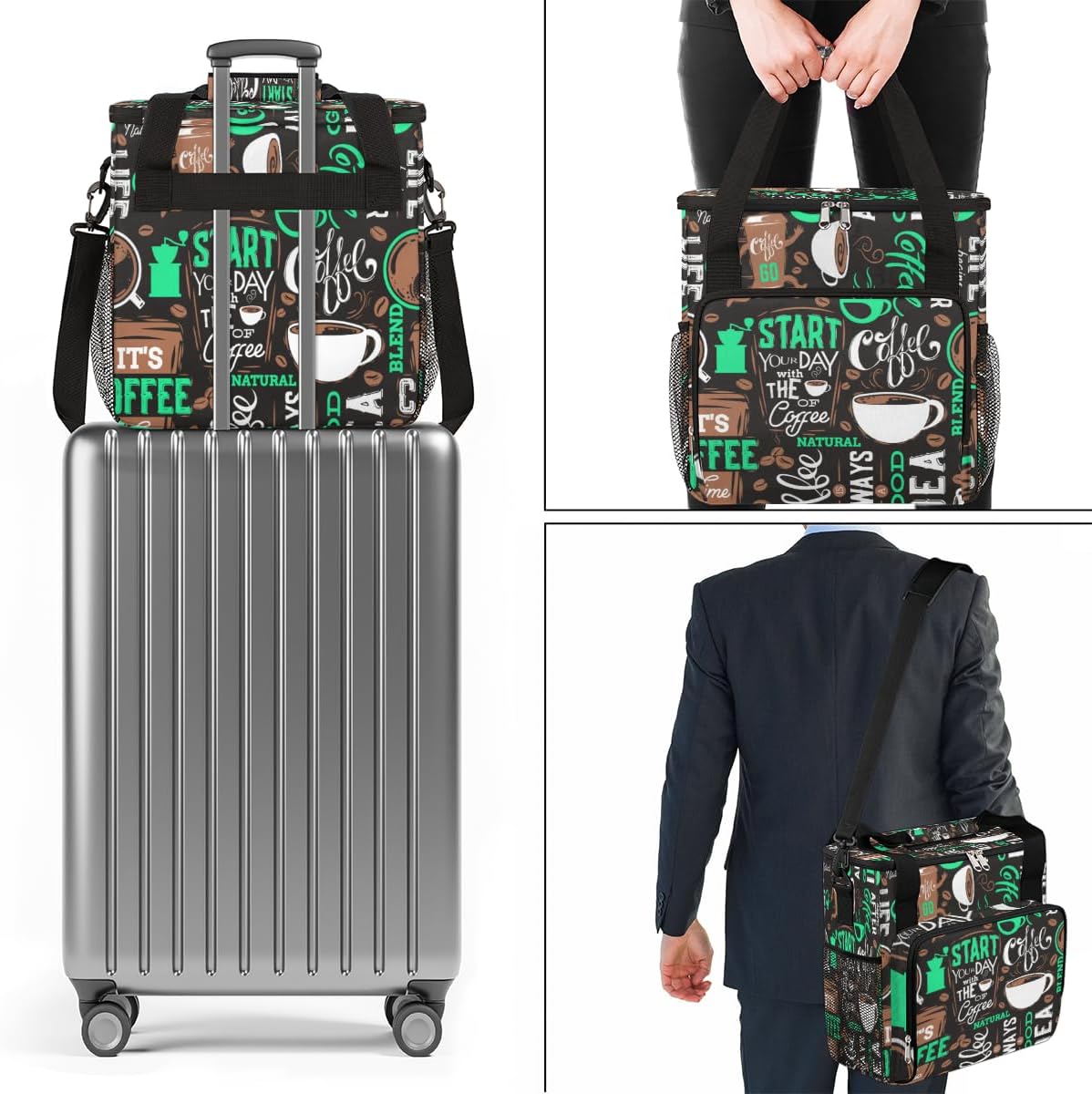 Turquoise Start Your Day With Coffee Coffee Maker Carrying Bag, Coffee Machine Travel Storage Tote Bag Compatible with K-Mini or K-Mini Plus, Portable Single Serve Coffee Brewer Case with Pockets