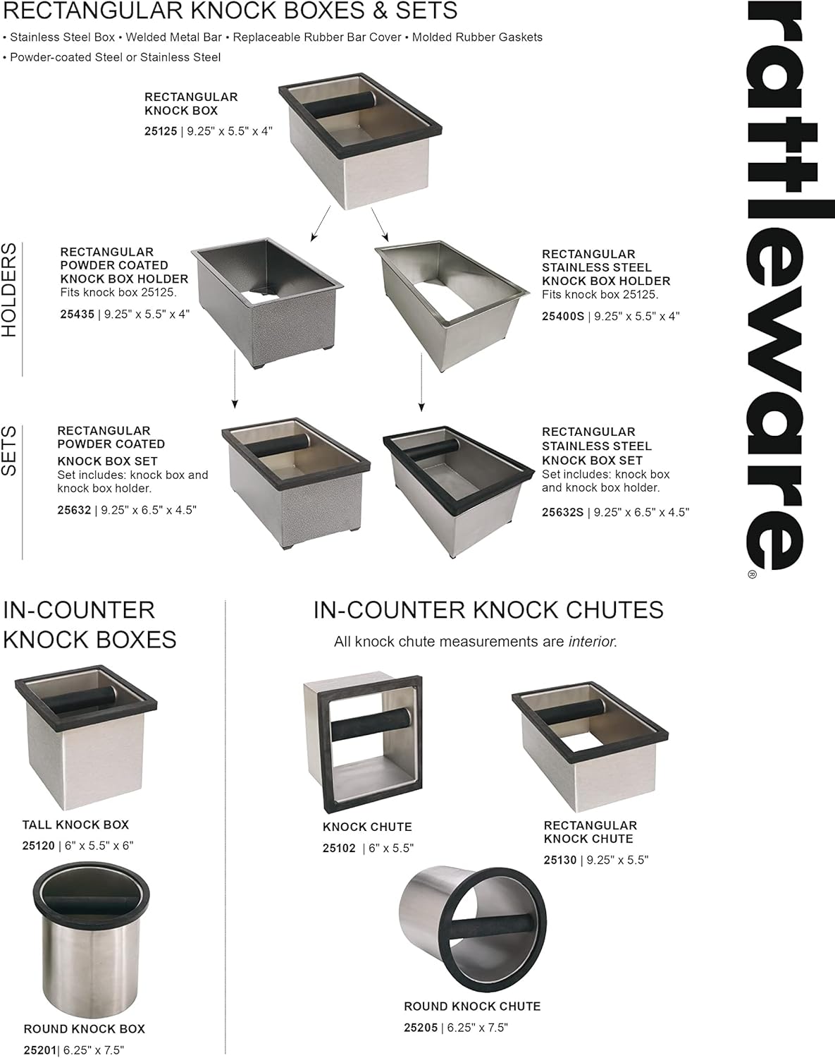 Rattleware Knock Box Holder For Home, Cafe, Restaurant, Hotel, Office, or Commercial Establishment - Heavy Duty Knock Box Holder Trusted By Baristas Worldwide - Stainless Steel (9.25" x 5.5" x 4")