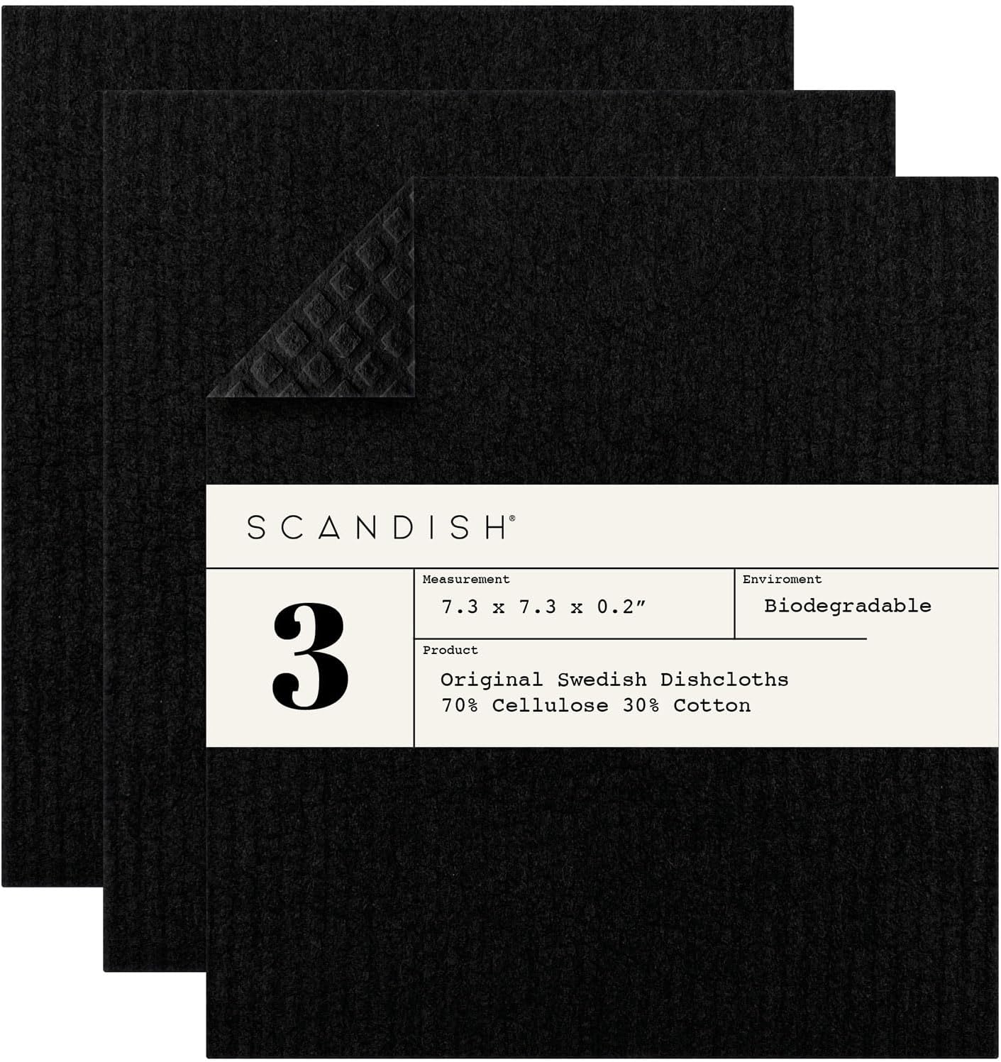 Black Swedish Dishcloths for Kitchen - Set of 3 Swedish Dish Cloths | Swedish Dish Towels Made in Sweden | Reusable, Compostable Black Dishcloths for Kitchen