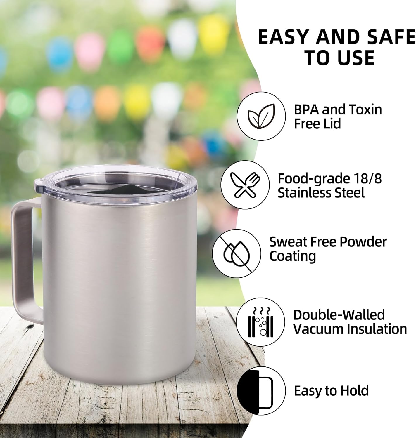 Volhoply 14oz Insulated Stainless Steel Coffee Mug with Lid Bulk 2 Pack,Double Wall Vacuum Travel Coffee Cup with Handle,Reusable Metal Cups Tumbler,Camping Mugs Keep Hot,Ideal Gifts(Silver,2)