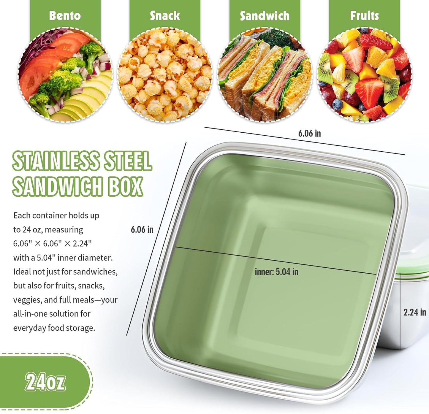2 Pack Sandwich Containers, 24oz Stainless Steel Sandwich Box with Airtight Lids, Reusable Metal Meal Prep Lunch Boxes, BPA-Free, Dishwasher Safe, Food Storage Containers for Families (Black)