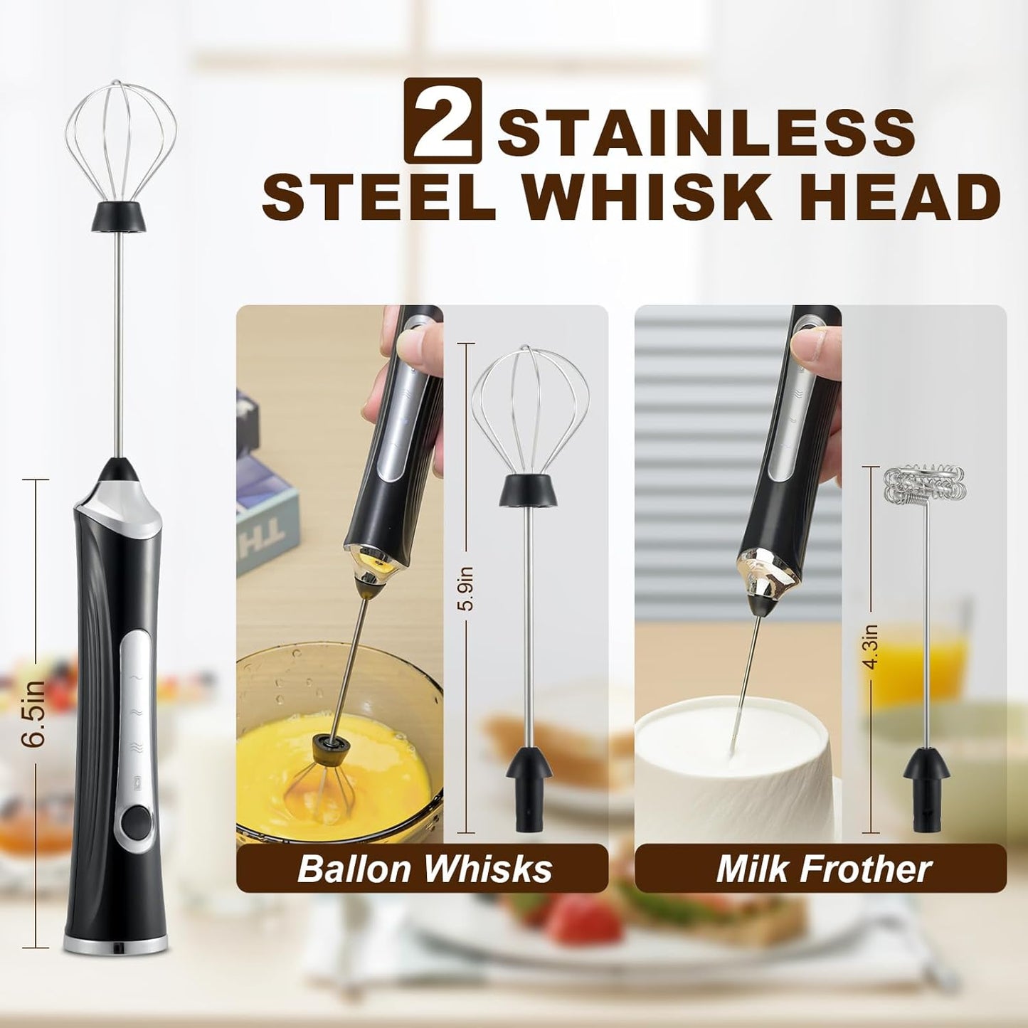 Handheld Electric Milk Frother with 2 Heads, Coffee Whisk Foam Mixer with USB Rechargeable 3 Speeds, Foam Maker Blender for Latte, Cappuccino, Hot Chocolate, Egg (Black)