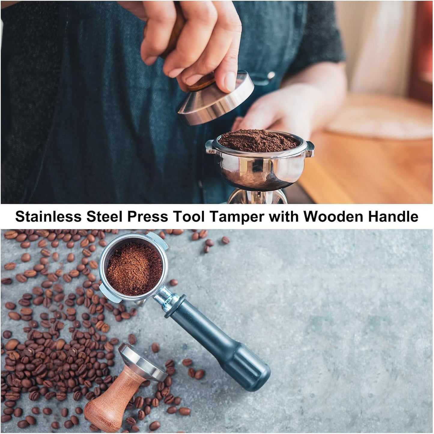 uxcell 58mm Espresso Tamper, Stainless Steel Press Tool Tamper with Wooden Handle, Espresso Accessories for Baristas, Home, Shops, Cafe (Flat Base, Light Wooden)