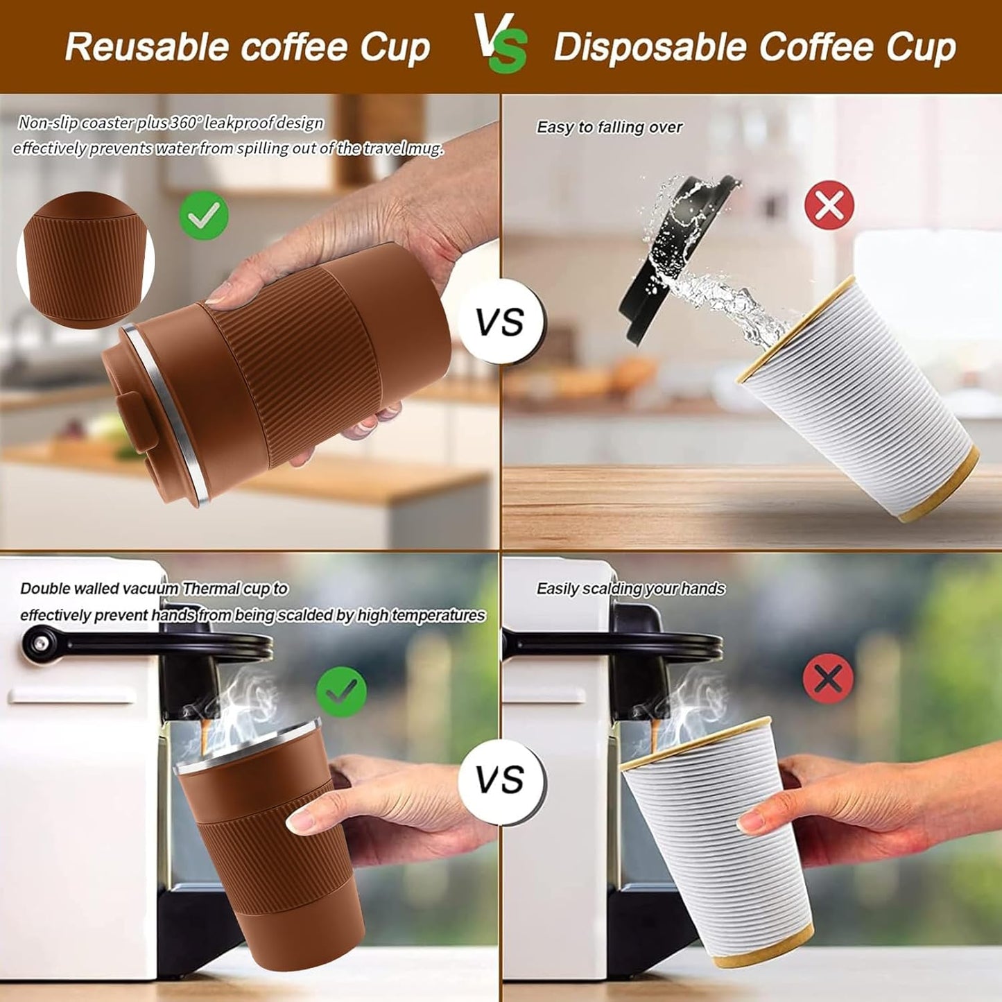 YINBAOGE Insulated Travel Coffee Mug Spill Proof Leak Proof Pobtable To Go Camping Stainless Steel Coffee Tumbler Reusable Coffee Cups with Lids Thermos for Hot and Cold Drink (Brown, 12 OZ)