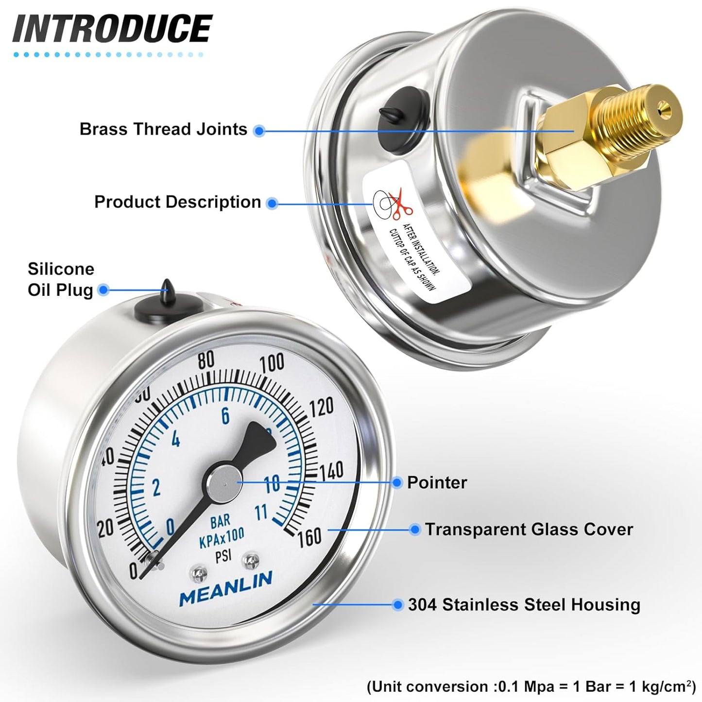 MEANLIN MEASURE 0~160Psi Dry Pressure Gauge Stainless Steel 1/8" NPT 2" FACE DIAL Waterproof for Air Compressor RV Regulator Water Pressure Tester Back Mount with 1/4" NPT and 3/8" NPT Hex Bush