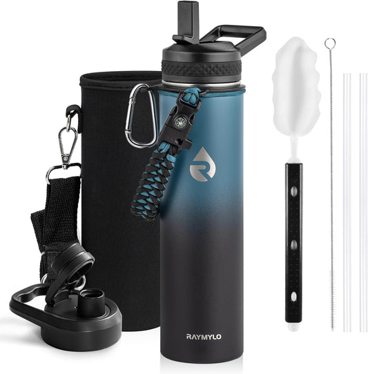 Insulated Water Bottle 24oz, Triple Wall Vacuum Stainless Steel (Cold for 48 Hrs, Hot for 24Hrs), Leak Proof & Non-BPA, 24oz Hydro Water Flask with Paracord Handle & Straw Spout Lids