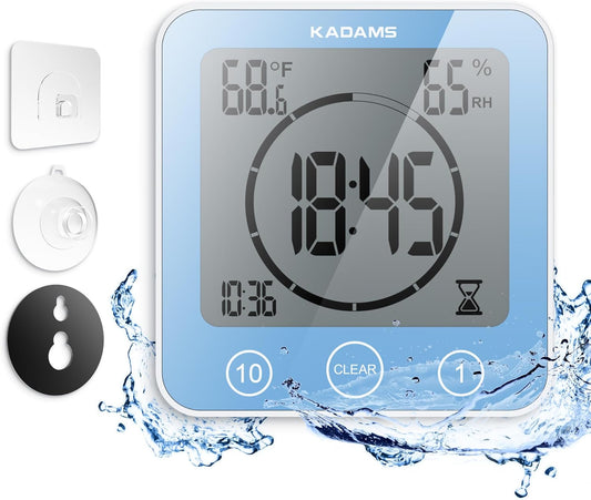 KADAMS Shower Clock Waterproof Bathroom Timer ? Digital Wall Clock with Countdown, Magnetic Kitchen Clock with Temperature & Humidity, Suction Cup for Kids Shower Spa Sauna Cook Bath, Blue