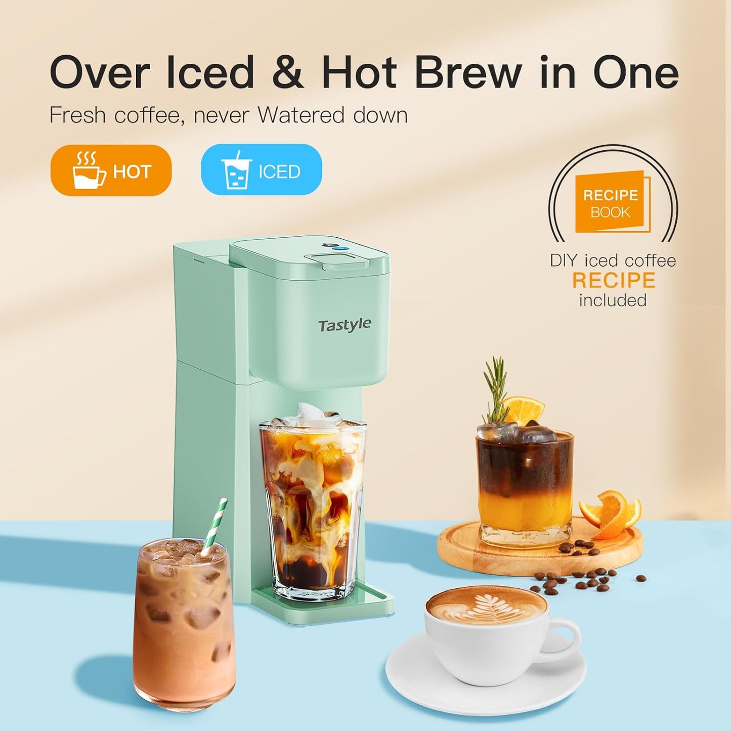 Mini Hot and Iced Coffee Maker Single Serve, for K Cup and Ground, 6 to 14 Oz Brew Sizes, with Recipe Book, for Home, Travel, RV, Office and Dorm, Mint
