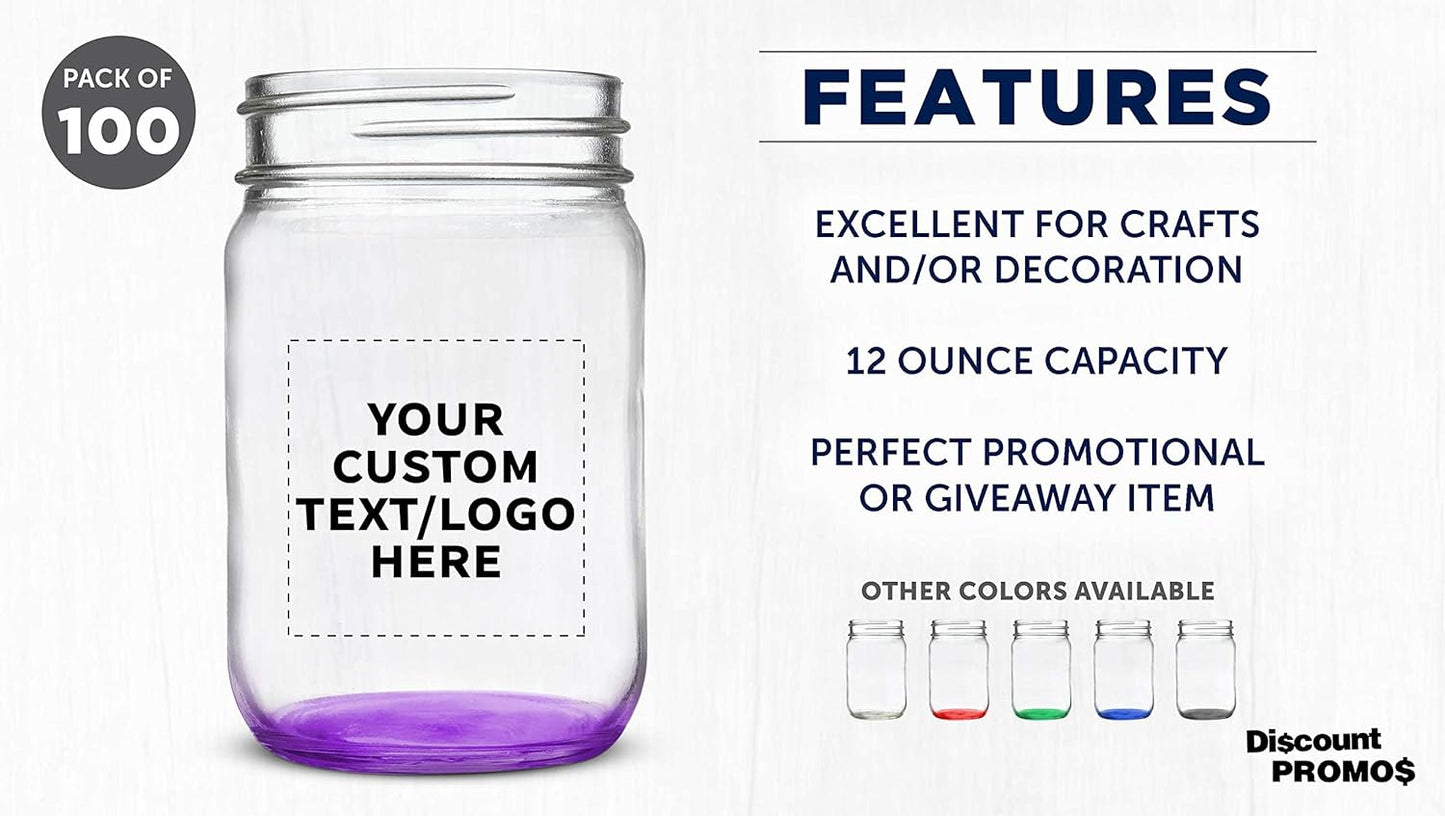 DISCOUNT PROMOS Custom Decorating Mason Jars 12 oz. Set of 100, Personalized Bulk Pack - Glass Jars for Overnight Oats, Candies, Fruits, Pickles, Spices, Beverages - Purple