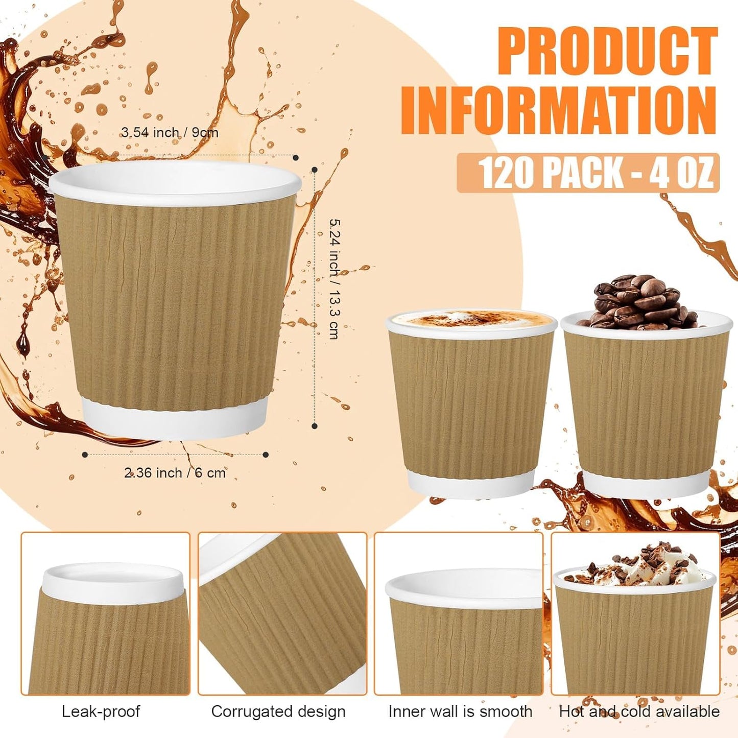 500 Pack Paper Espresso Coffee Cups, 4 oz Disposable Coffee Cups,Corrugated Insulated Ripple Wall, Paper Ripple Cup for Coffee, Hot Chocolate and Hot Tea Drinks -Champagne