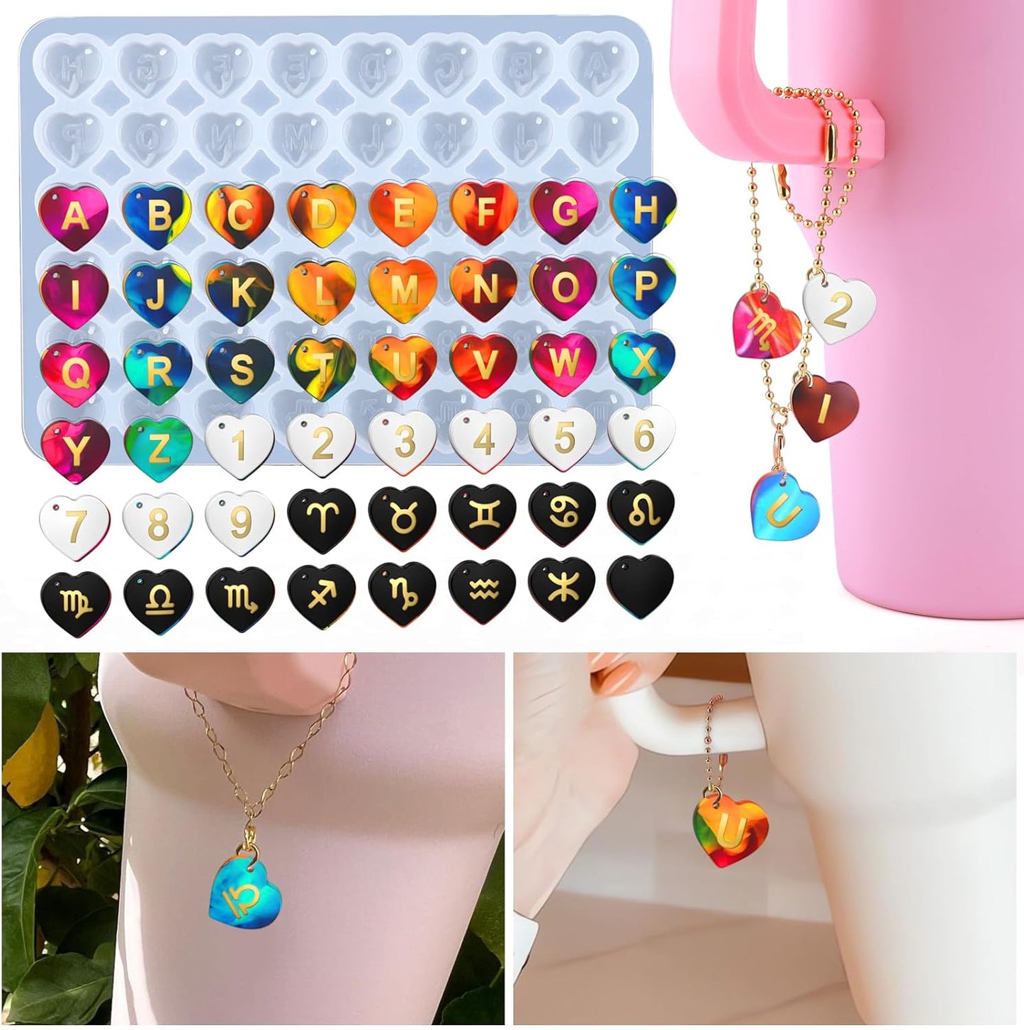 Juome Letter Resin Molds Silicone for Stanley Cup, 48 Pcs Heart Shape Letters Name Number Silicone Molds for Epoxy Resin Casting, DIY Personalized Custom Letter Charm Making for Stanley